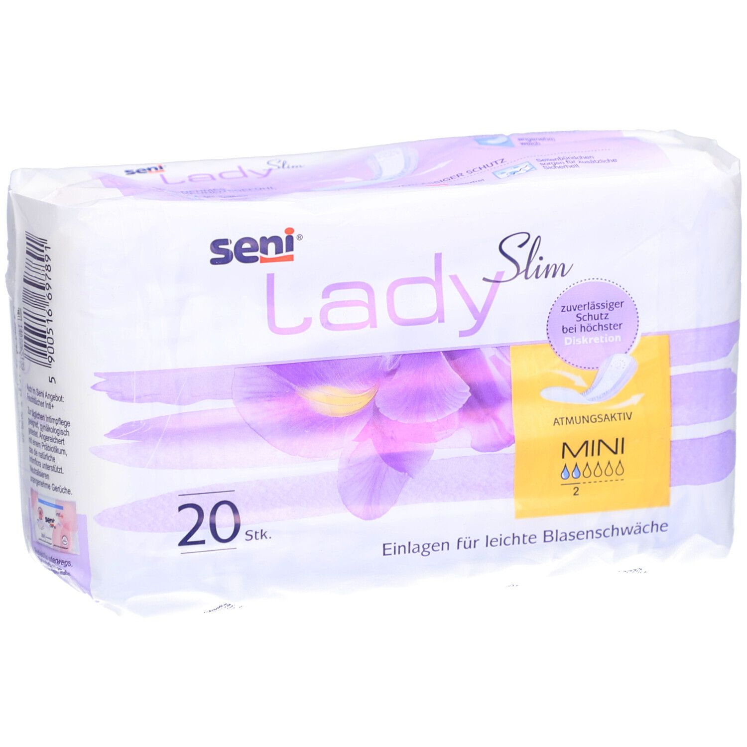 Verpackung von seni® Lady Slim Mini. 20 Stück. Aufdrucke: seni, Lady Slim, Mini, atmungsaktiv, Einlagen für leichte Blasenschwäche.