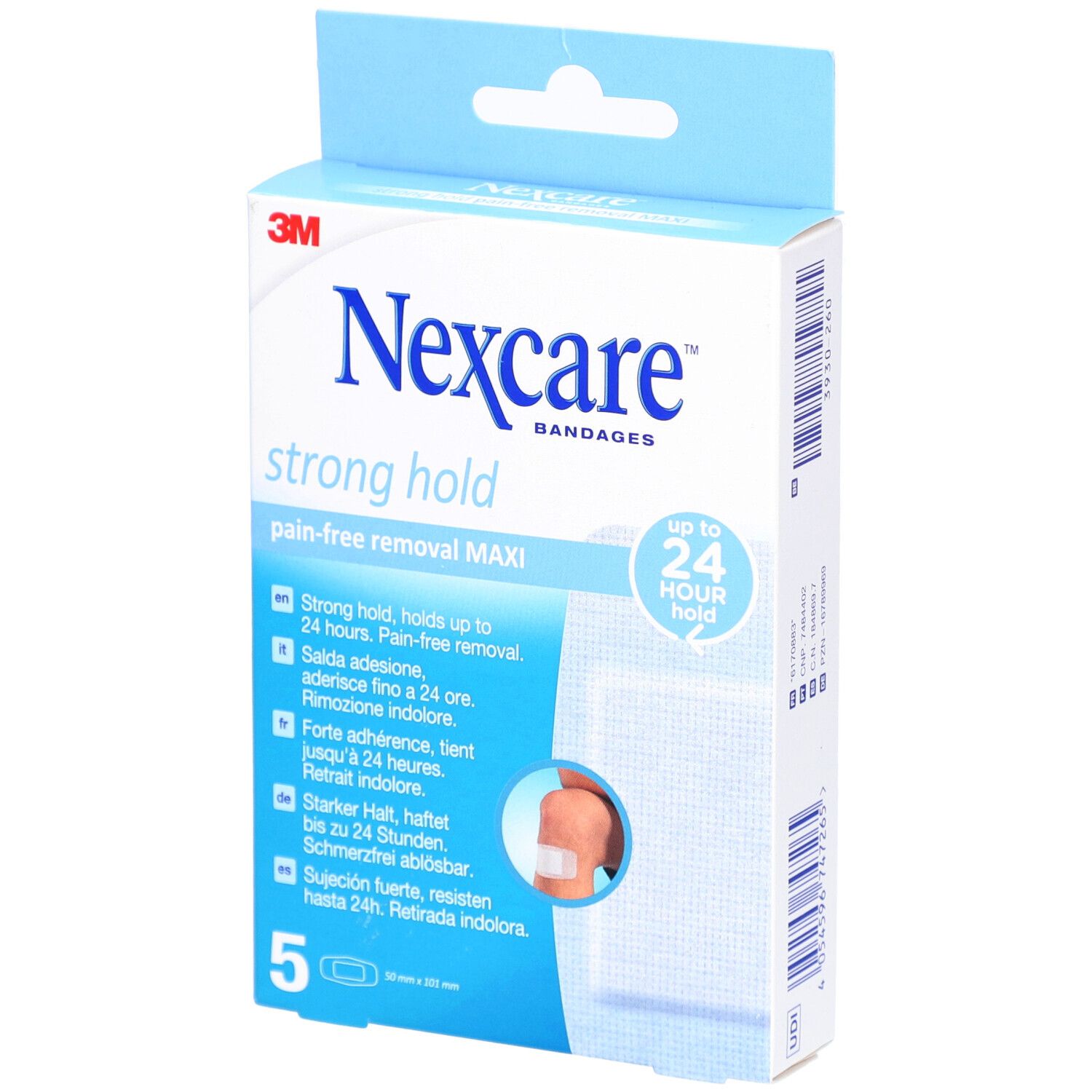 Verpackung von Nexcare Strong Hold Maxi Pflastern. Blaue Schachtel mit Produktnamen und Eigenschaften. 5 Stück.