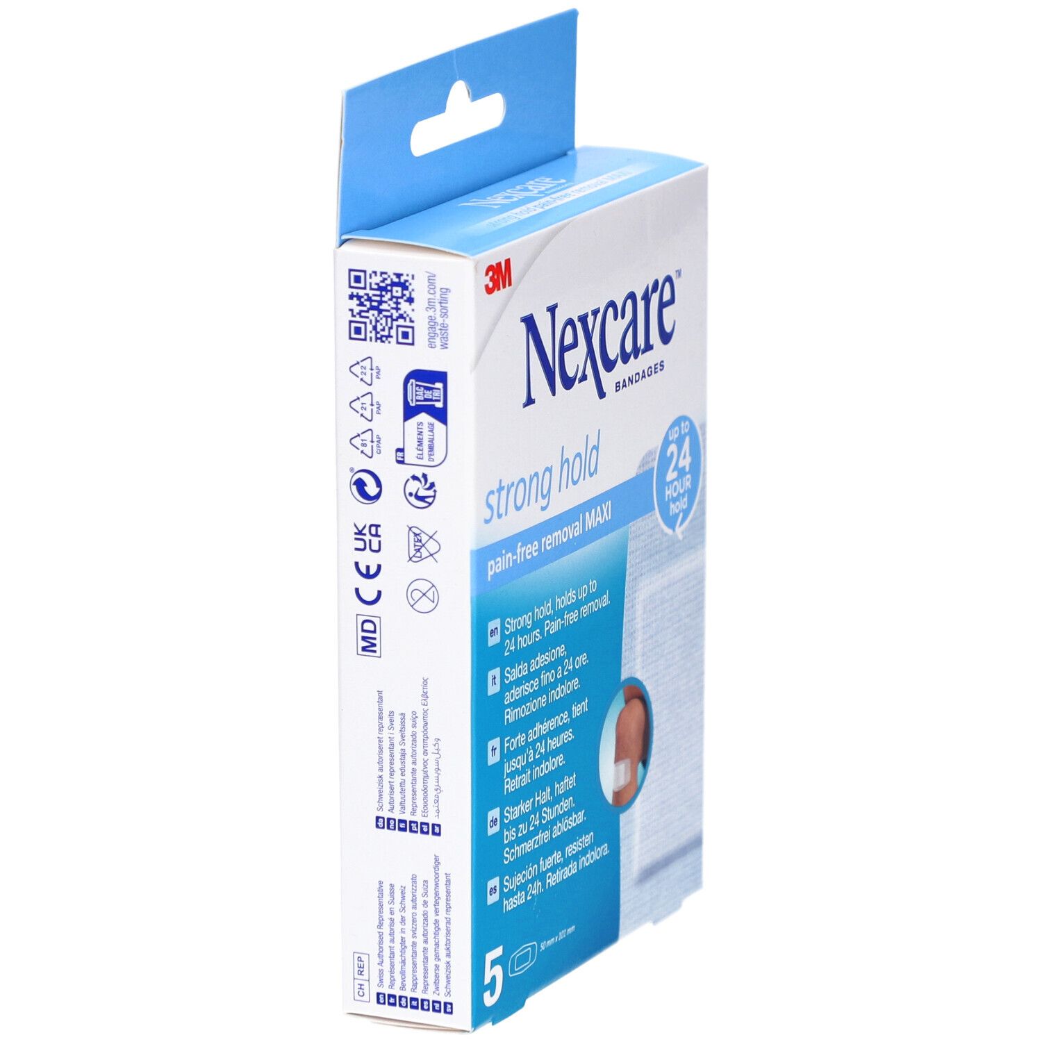 Seitenansicht der Nexcare Strong Hold Maxi Pflasterverpackung. Blaue Schachtel mit Produktinformationen und Logo.