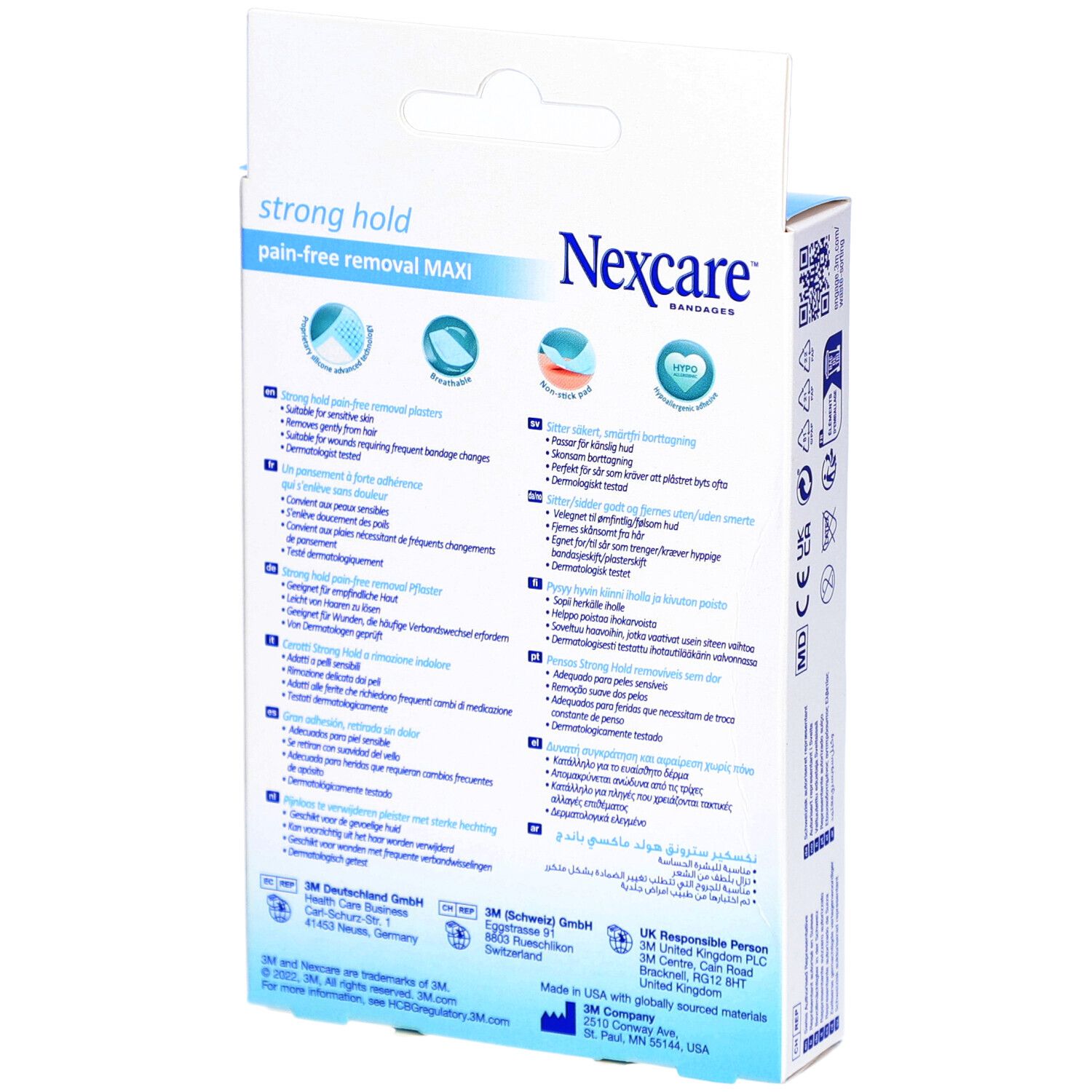 Rückseite der Nexcare Strong Hold Maxi Pflasterverpackung. Text mit Produktinformationen und Logos.