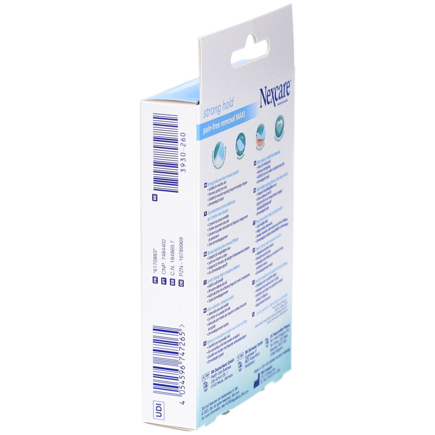 Seitenansicht der Nexcare Strong Hold Maxi Pflasterverpackung. Blaue Schachtel mit Produktinformationen.