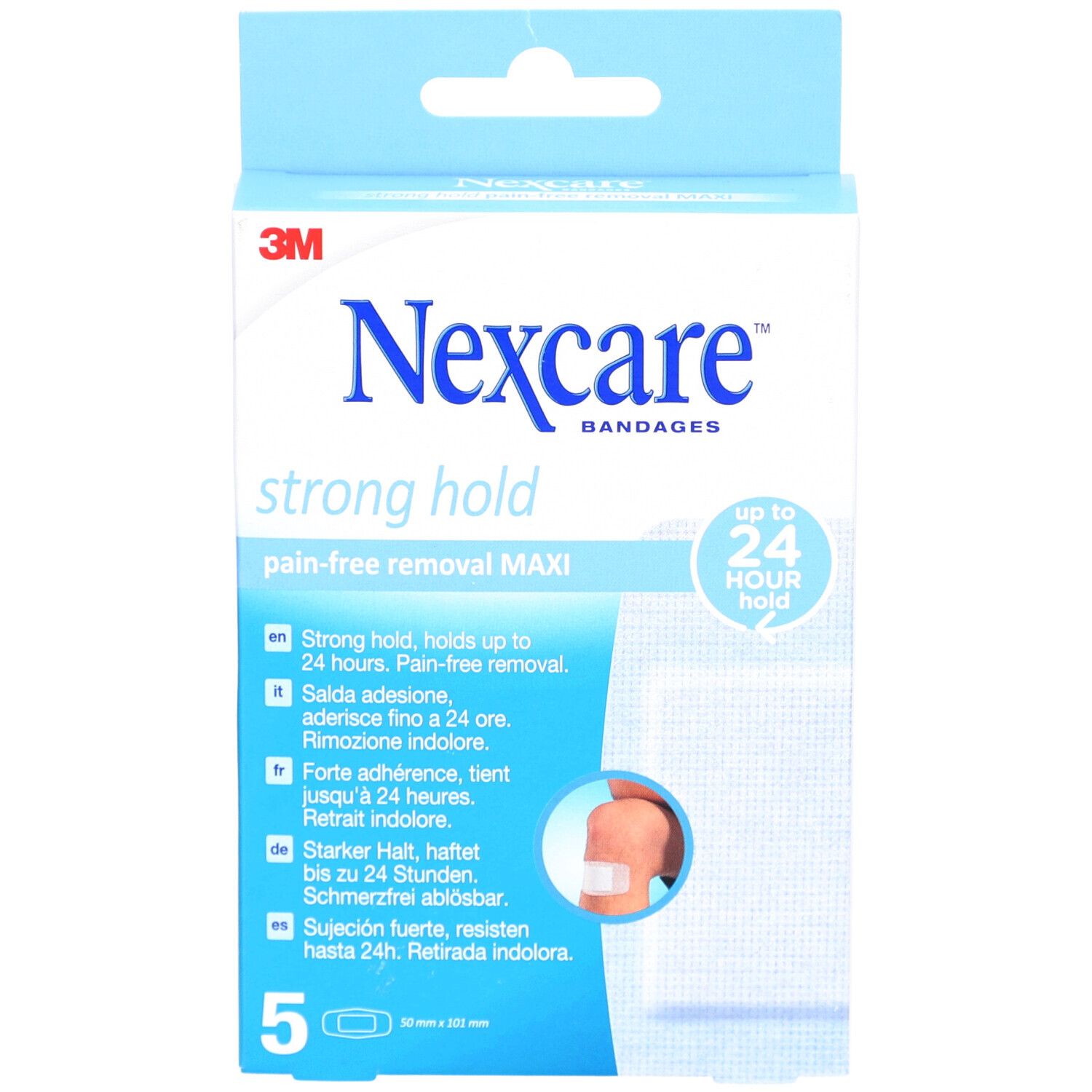 Vorderansicht der Nexcare Strong Hold Maxi Pflasterverpackung. Blaue Schachtel mit Produktnamen und Eigenschaften.
