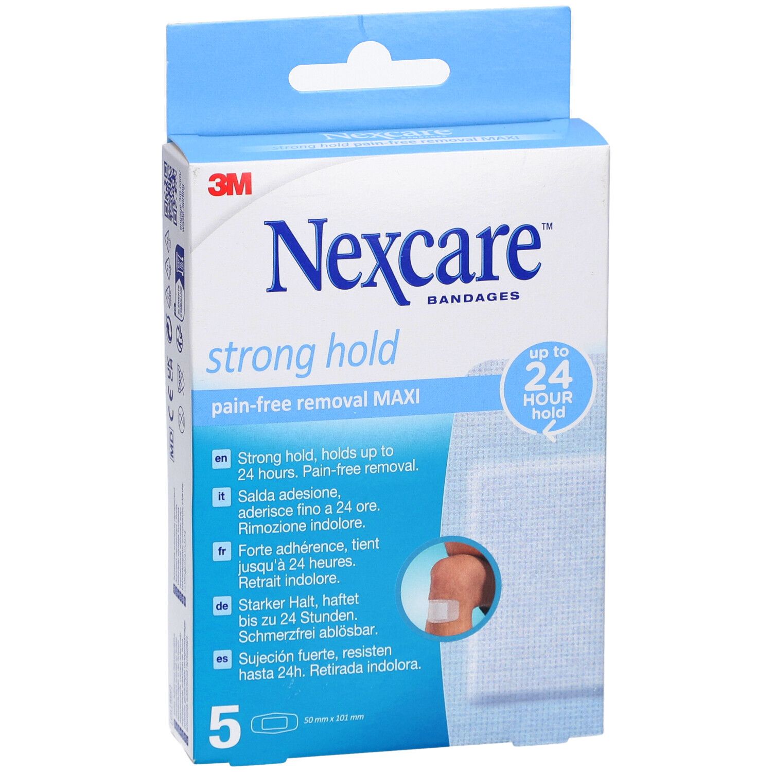 Vorderansicht der Nexcare Strong Hold Maxi Pflasterverpackung. Blaue Schachtel mit Produktnamen und Eigenschaften.