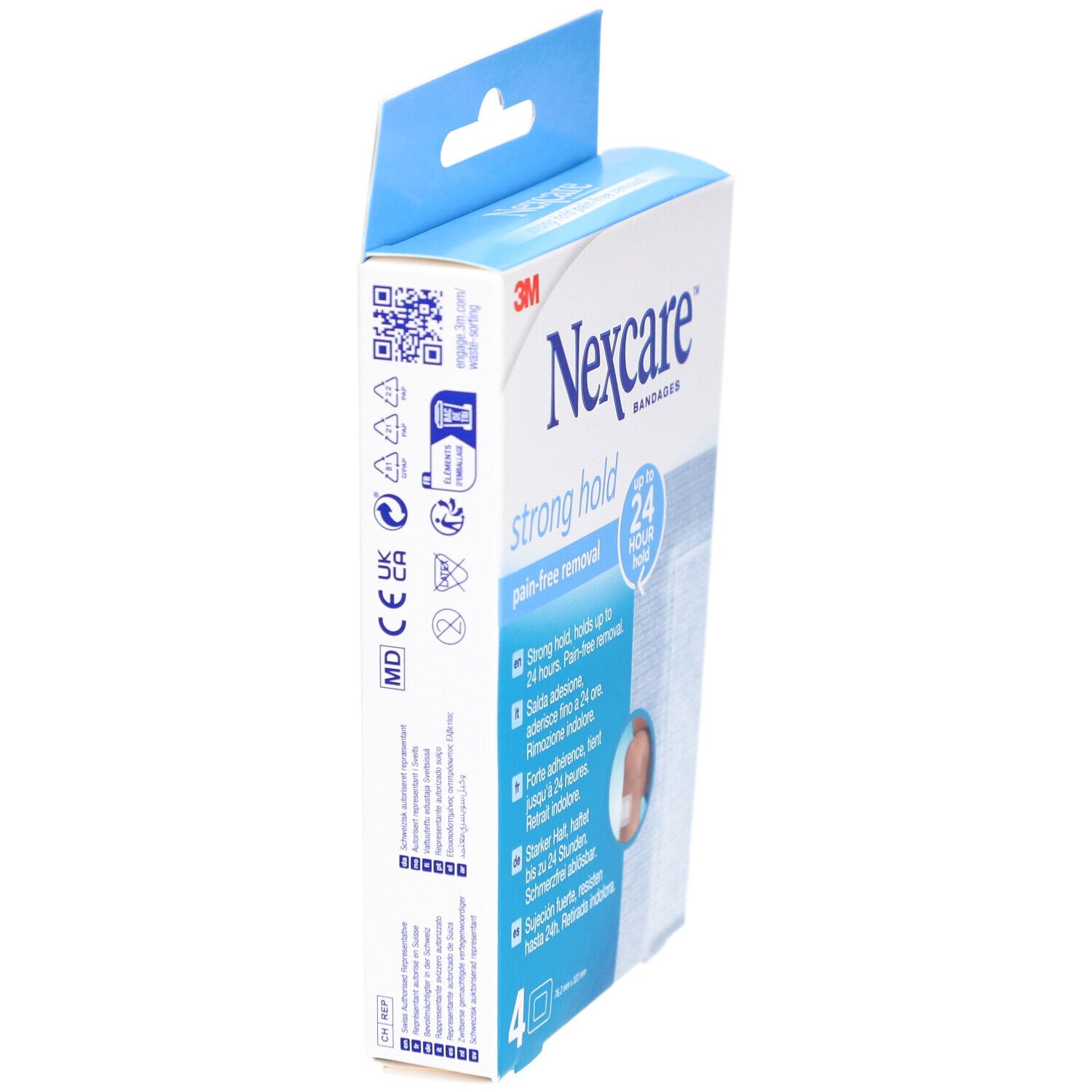 Seitenansicht der Nexcare Strong Hold Pflasterverpackung. Enthält Informationen und Symbole. 3M und Nexcare Logos sind sichtbar.