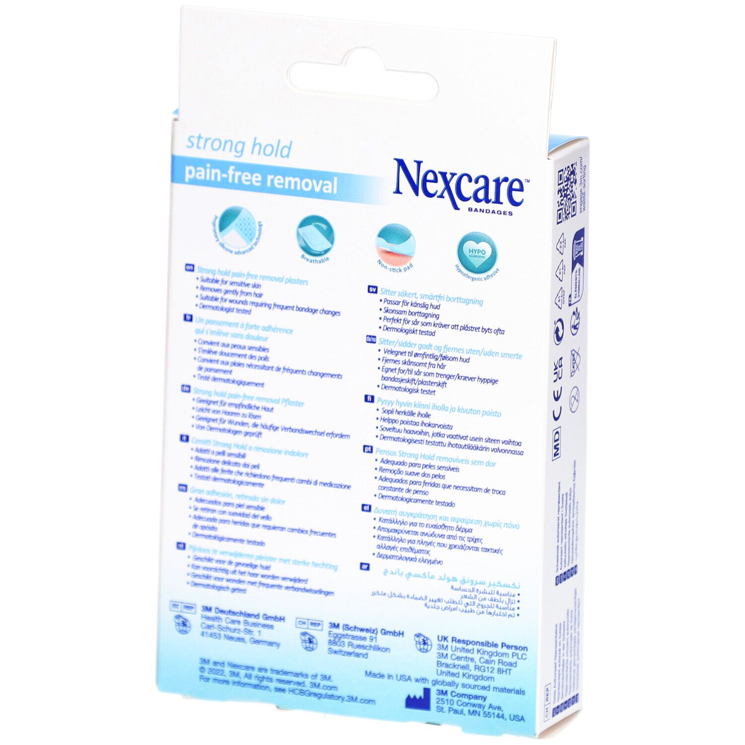 Rückseite der Nexcare Strong Hold Pflasterverpackung. Enthält Text in verschiedenen Sprachen und Produktinformationen.
