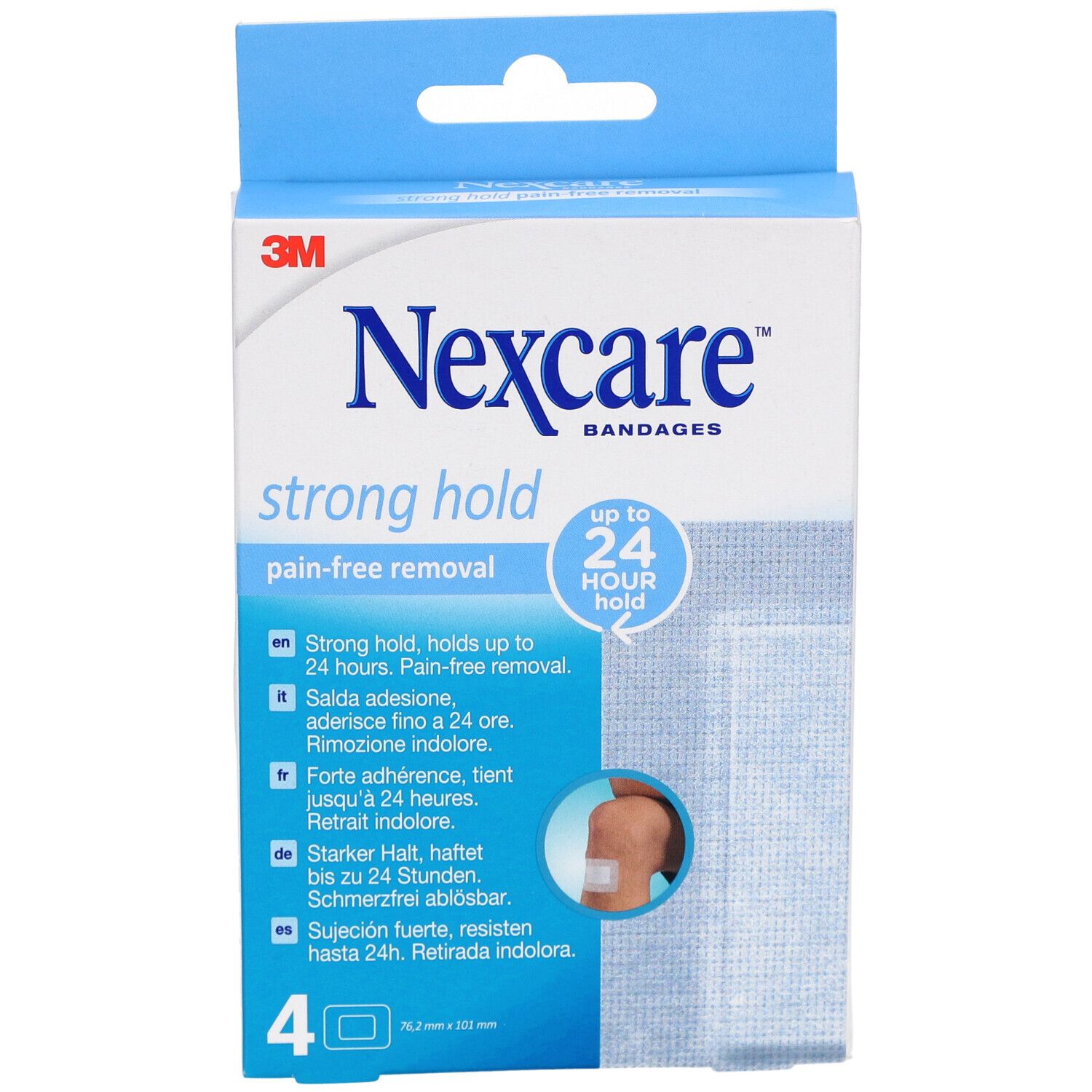 Vorderansicht der Nexcare Strong Hold Pflasterverpackung. Enthält 4 Pflaster. Text: Strong Hold, bis zu 24 Stunden.