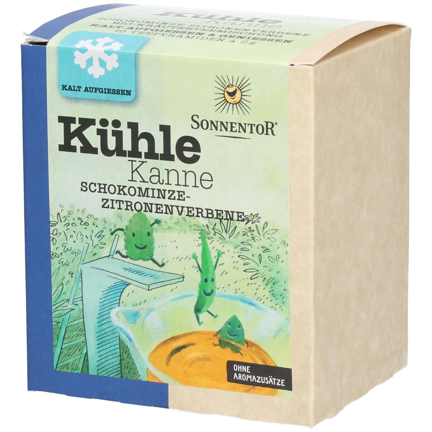 Kartonverpackung von Sonnentor Tee. Aufschrift: Kühle Kanne Schokominze-Zitronenverbene. Illustration mit Figuren und Eiswürfel-Symbol.