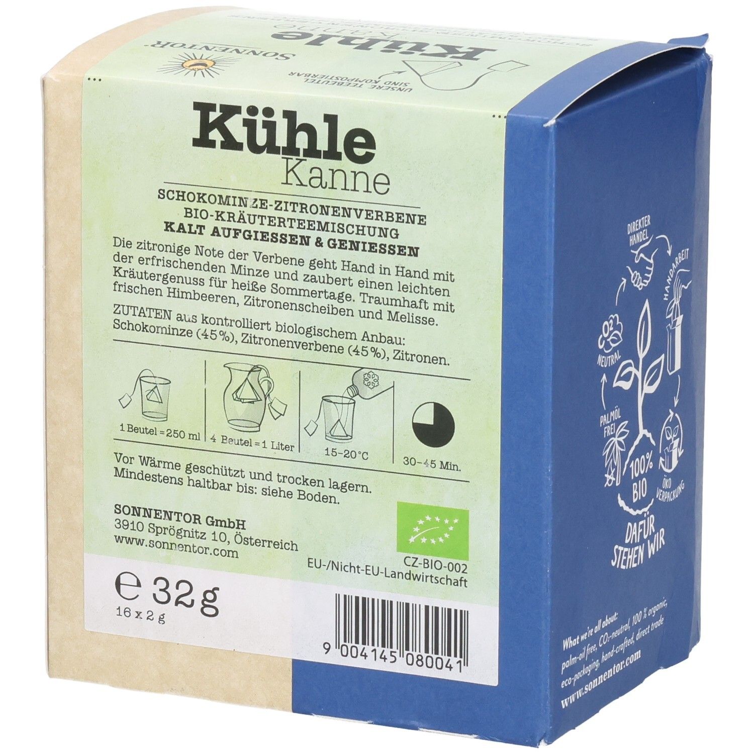 Sonnentor Tee-Verpackung. Aufschrift: Kühle Kanne Schokominze-Zitronenverbene. Zutaten, Zubereitungshinweise, Bio-Siegel, Gewicht 32g.