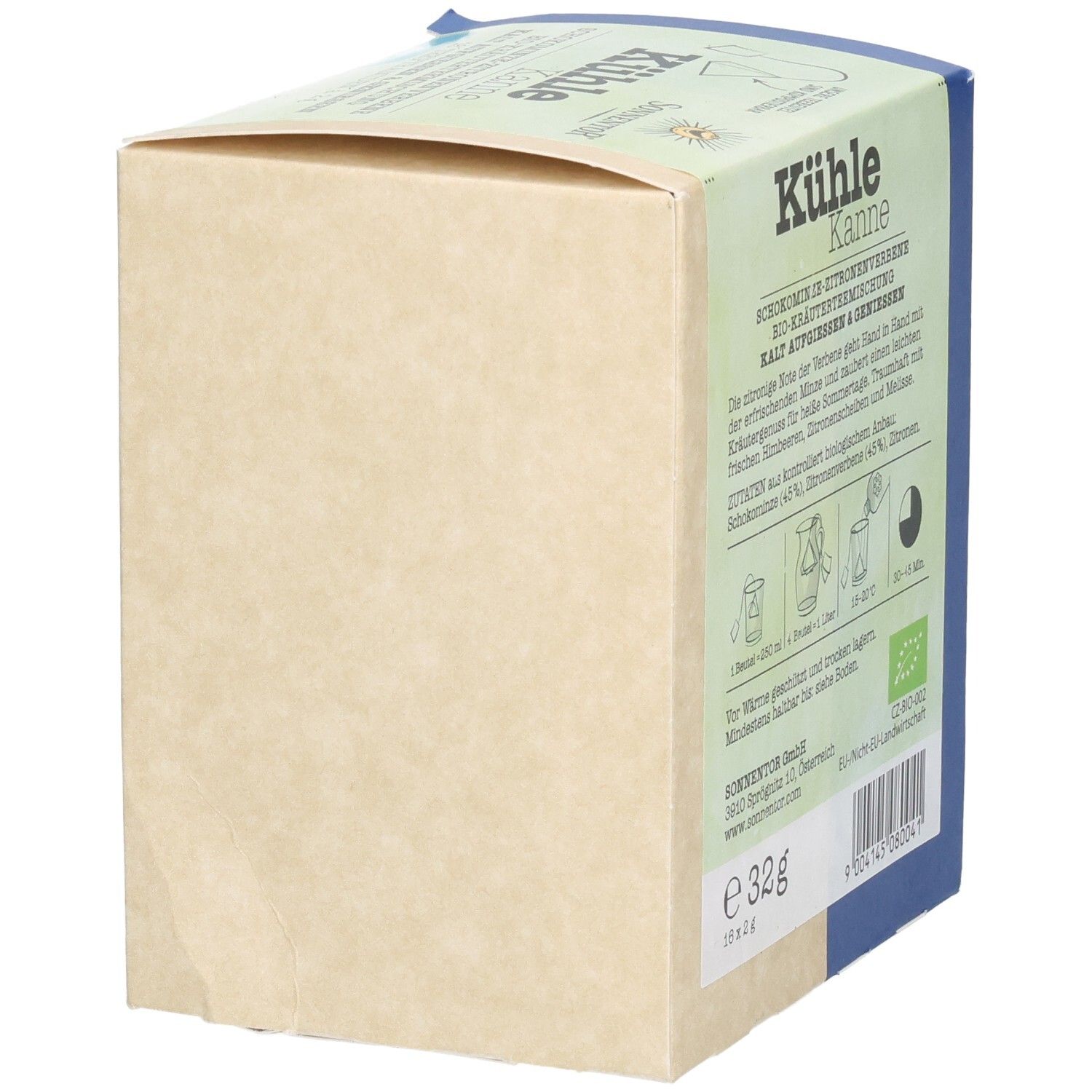 Sonnentor Tee-Verpackung. Aufschrift: Kühle Kanne Schokominze-Zitronenverbene. Bio-Siegel, Gewicht 32g.