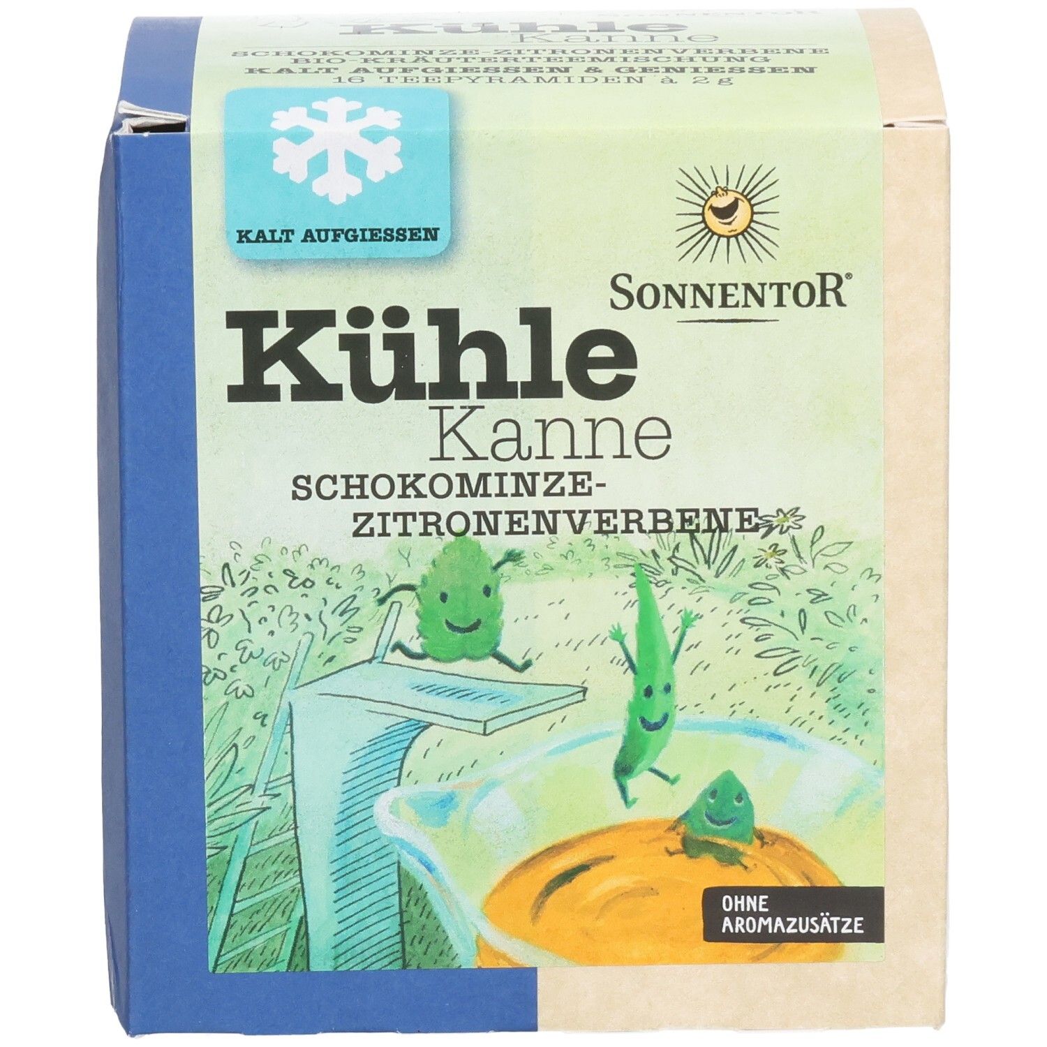 Sonnentor Tee-Verpackung. Aufschrift: Kühle Kanne Schokominze-Zitronenverbene. Illustration mit Figuren und Eiswürfel-Symbol.
