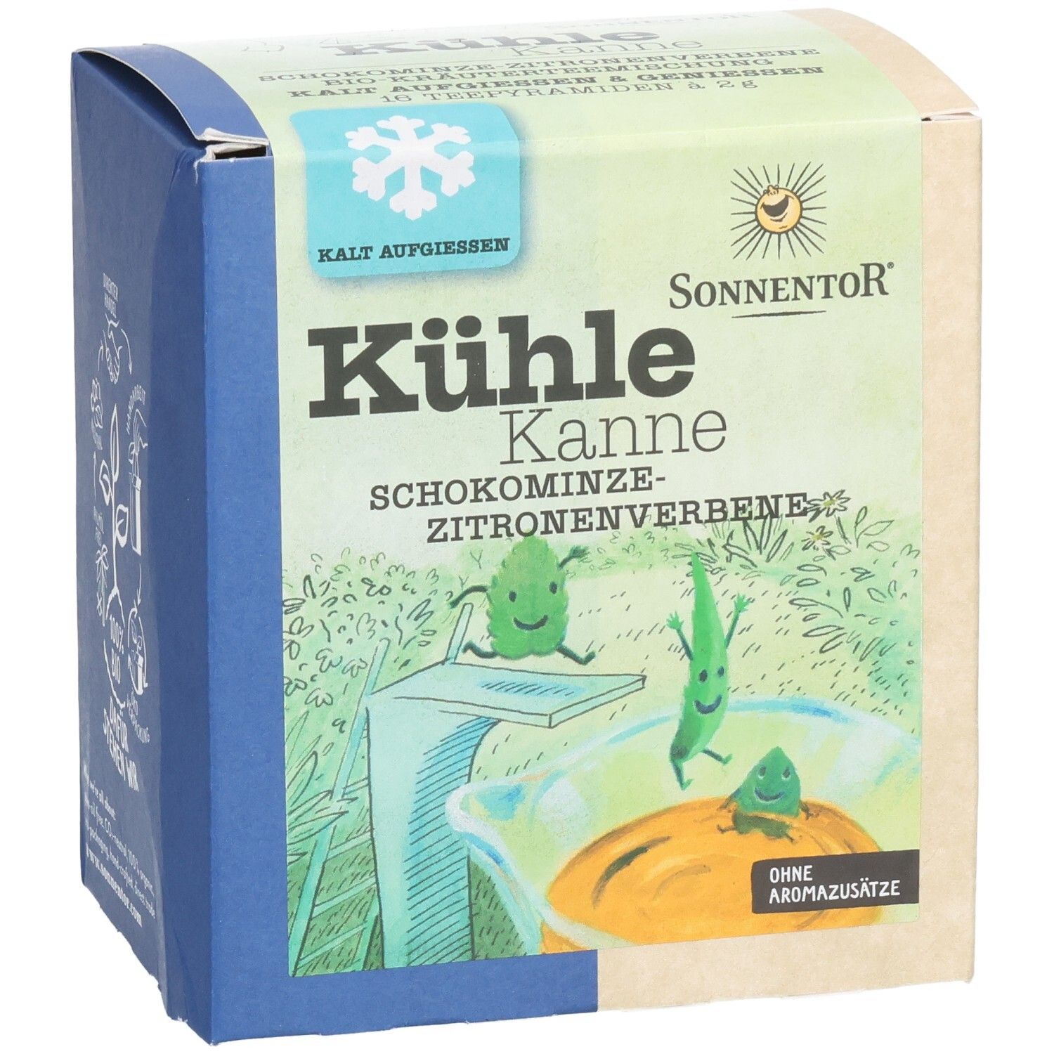 Sonnentor Tee-Verpackung. Aufschrift: Kühle Kanne Schokominze-Zitronenverbene. Illustration mit Figuren und Eiswürfel-Symbol.