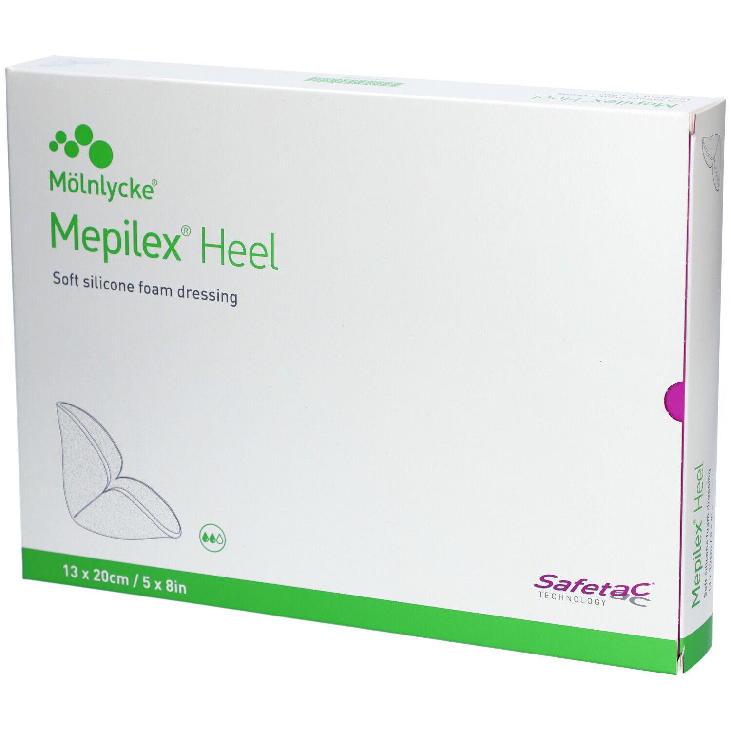 Verpackung von Mepilex Heel. Aufschrift: 13 x 20cm / 5 x 8in. Weicher Silikonschaumverband. Marke Mölnlycke.