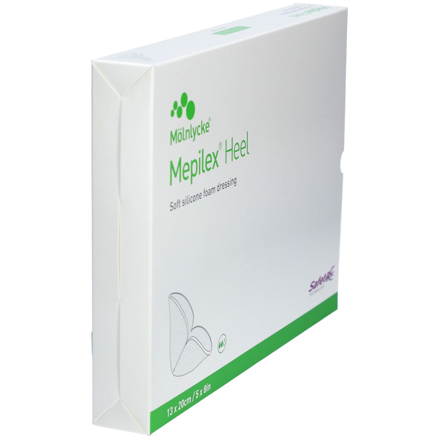 Schräg stehende Verpackung von Mepilex Heel. Aufschrift: 13 x 20cm / 5 x 8in. Weicher Silikonschaumverband. Marke Mölnlycke.
