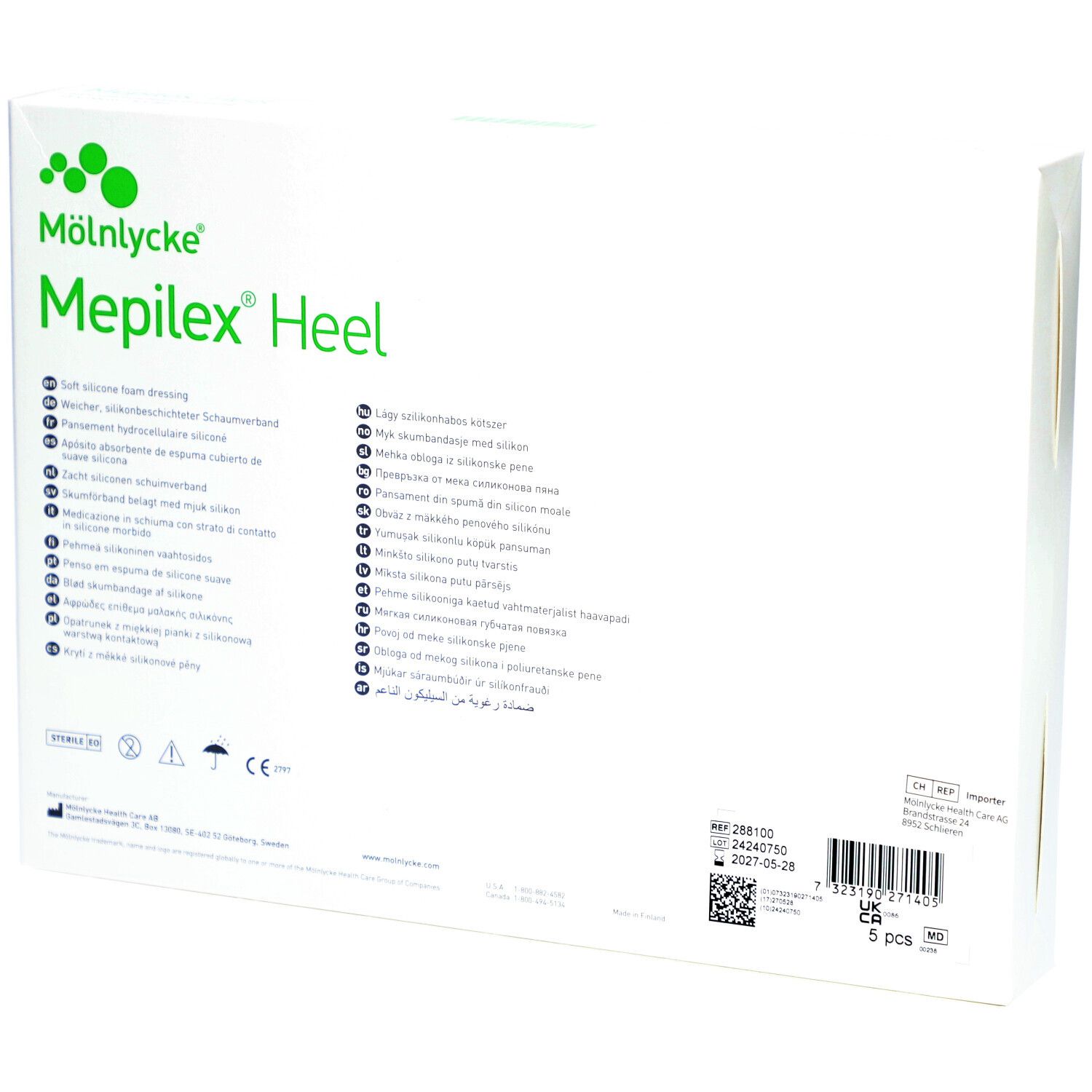 Rückseite der Mepilex Heel Verpackung. Mehrsprachige Produktinformationen. Aufschrift: 5 Stück. Marke Mölnlycke.