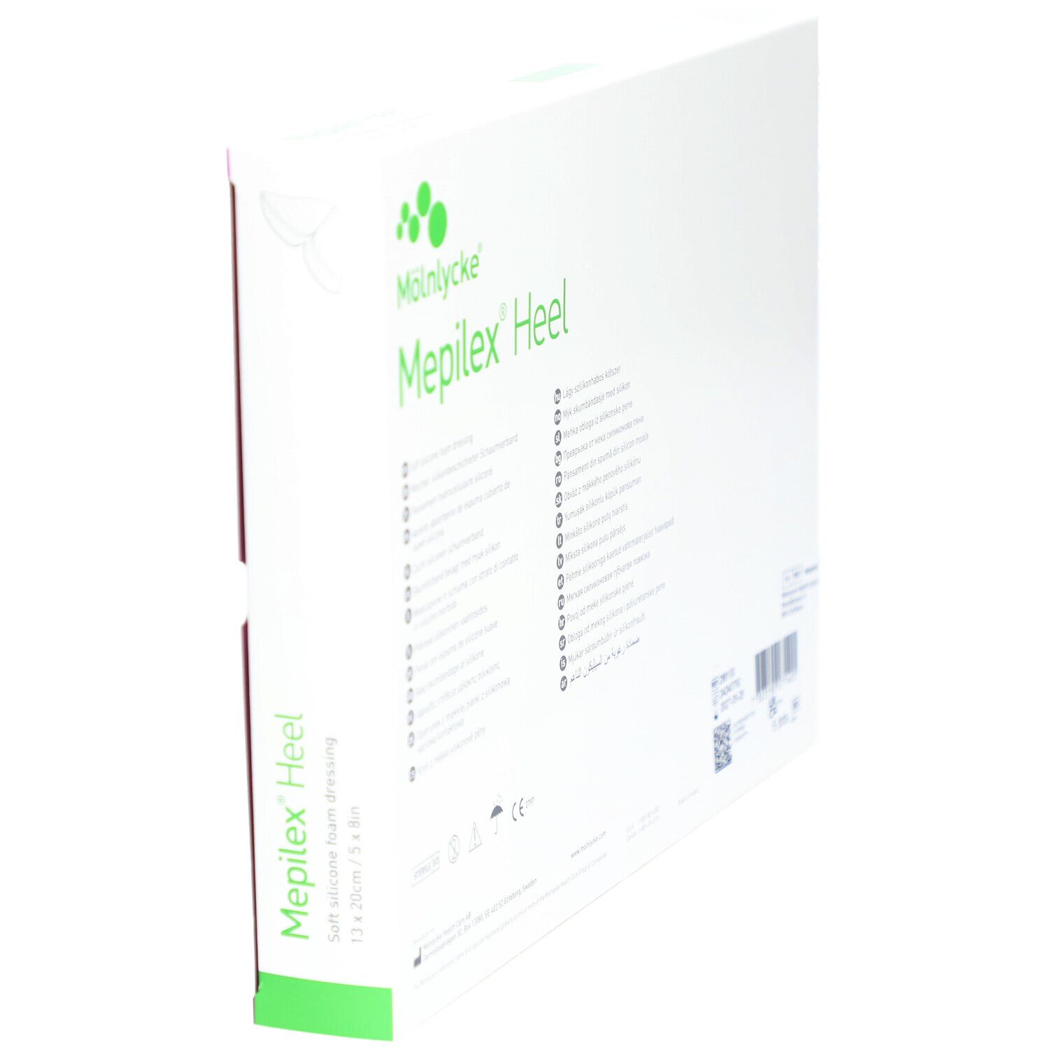 Schräg stehende Rückseite der Mepilex Heel Verpackung. Mehrsprachige Produktinformationen. Marke Mölnlycke.