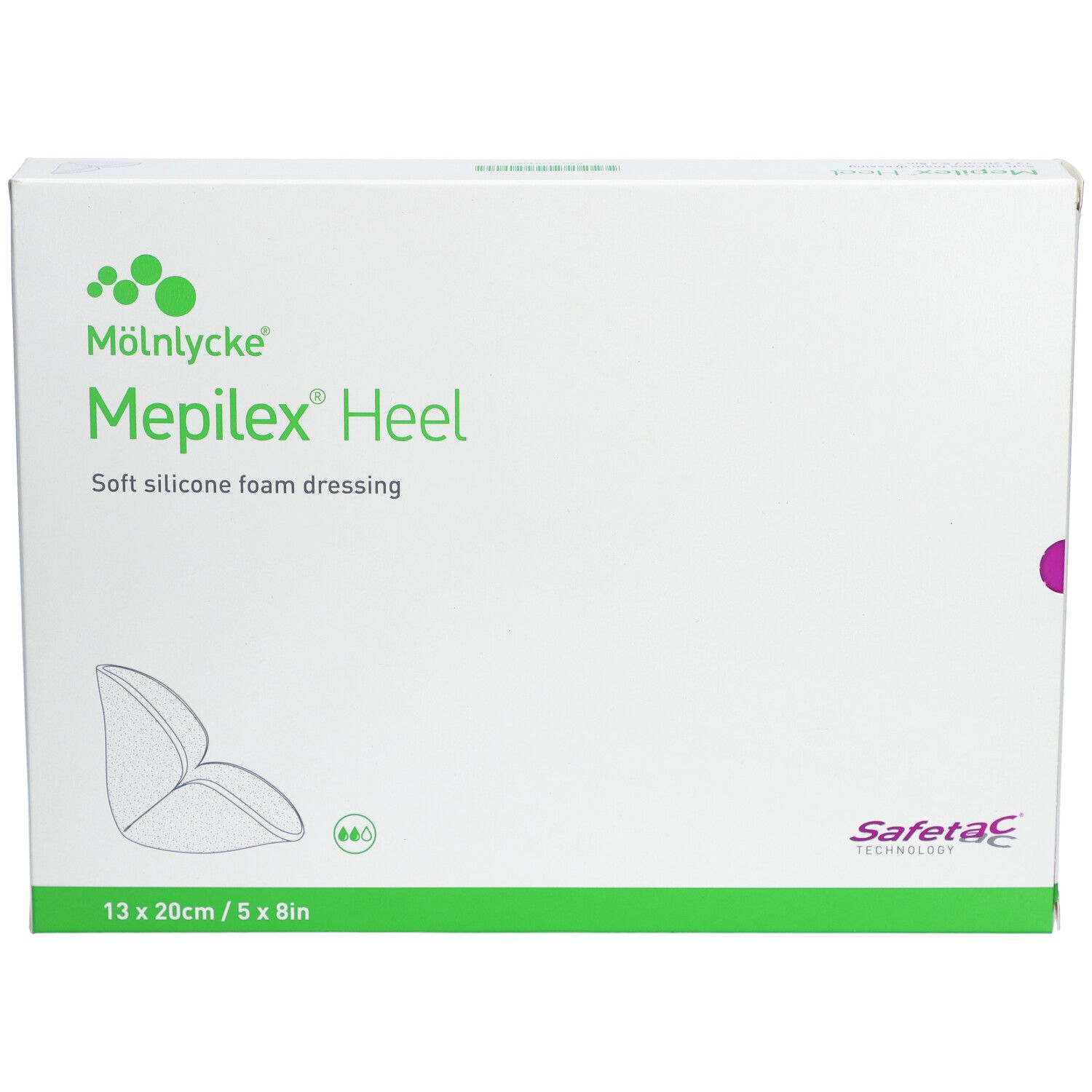 Verpackung von Mepilex Heel. Aufschrift: 13 x 20cm / 5 x 8in. Weicher Silikonschaumverband. Marke Mölnlycke.