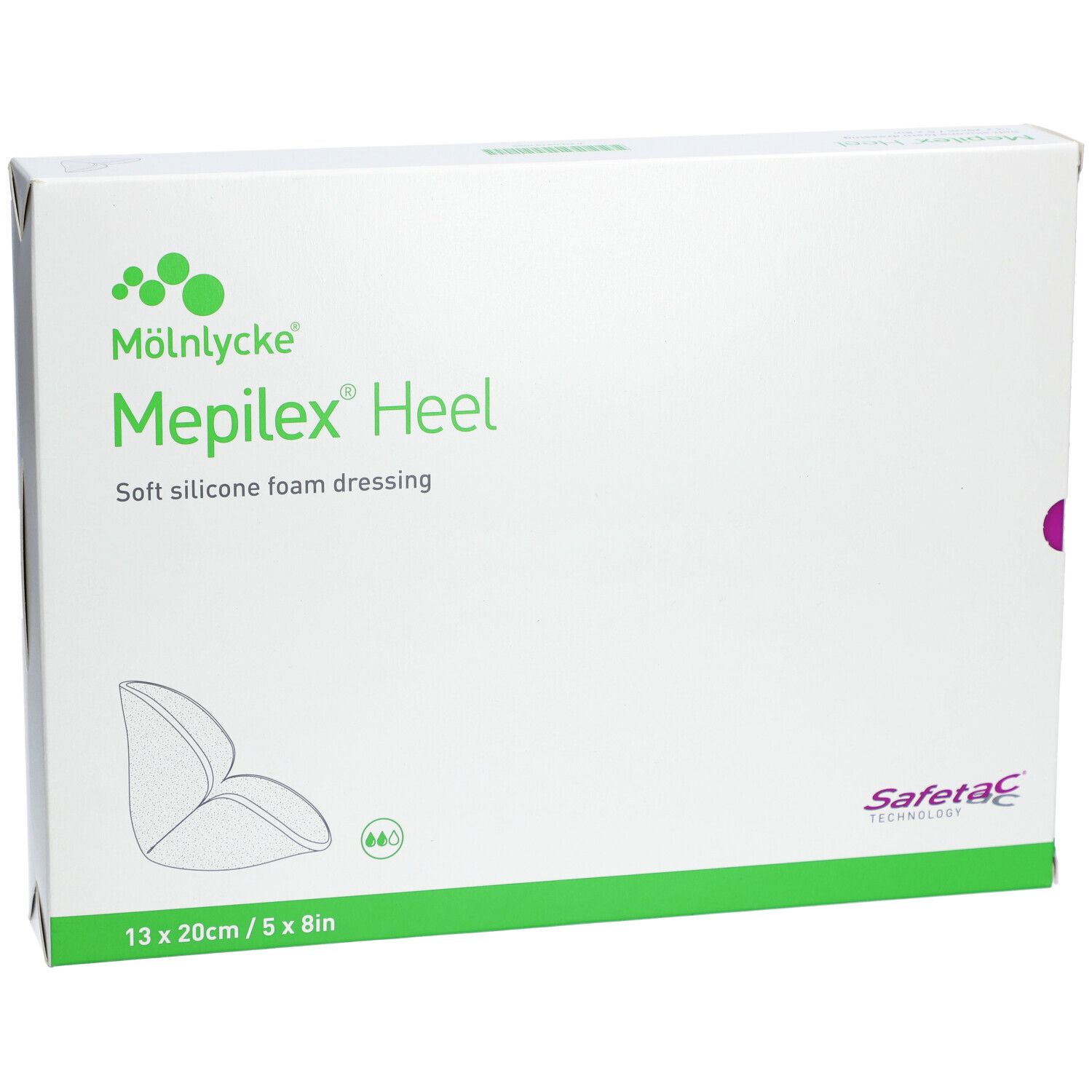 Verpackung von Mepilex Heel. Aufschrift: 13 x 20cm / 5 x 8in. Weicher Silikonschaumverband. Marke Mölnlycke.