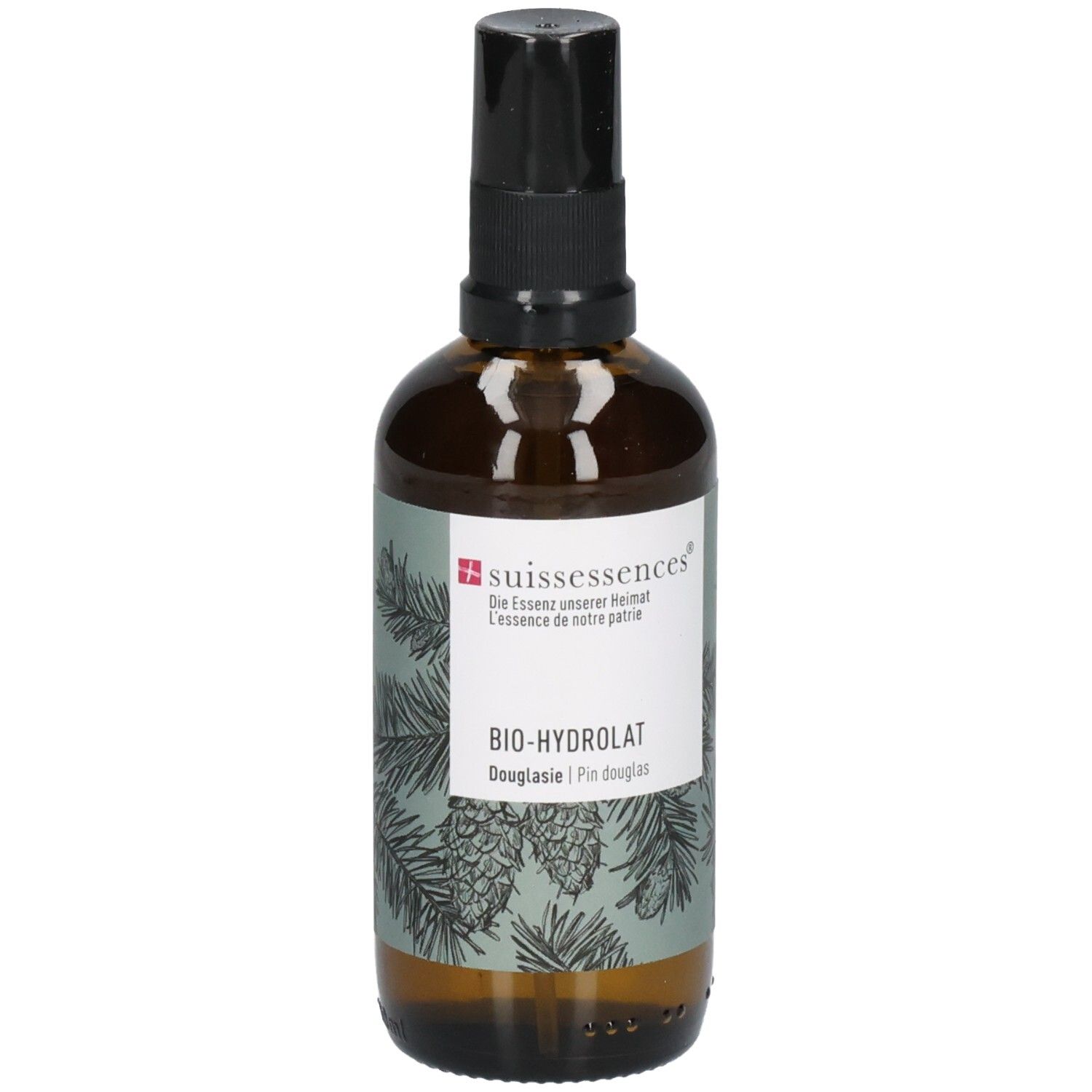 Braune Glasflasche mit schwarzem Pumpspender. Etikett mit "suissessences BIO-HYDROLAT Douglasie" und Tannenzweigen.