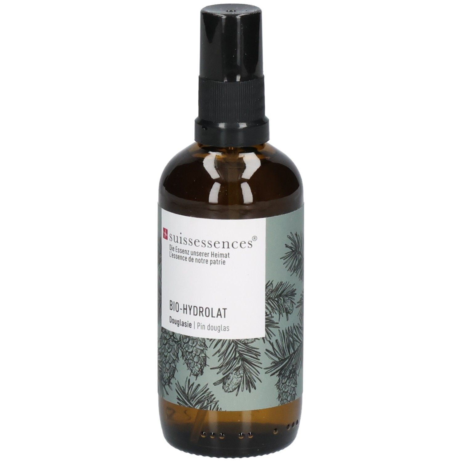 Braune Sprühflasche mit weißem Etikett, das 'suisessences BIO-HYDROLAT Douglasie' zeigt. Mit Tannenzapfen- und Nadelmotiv.