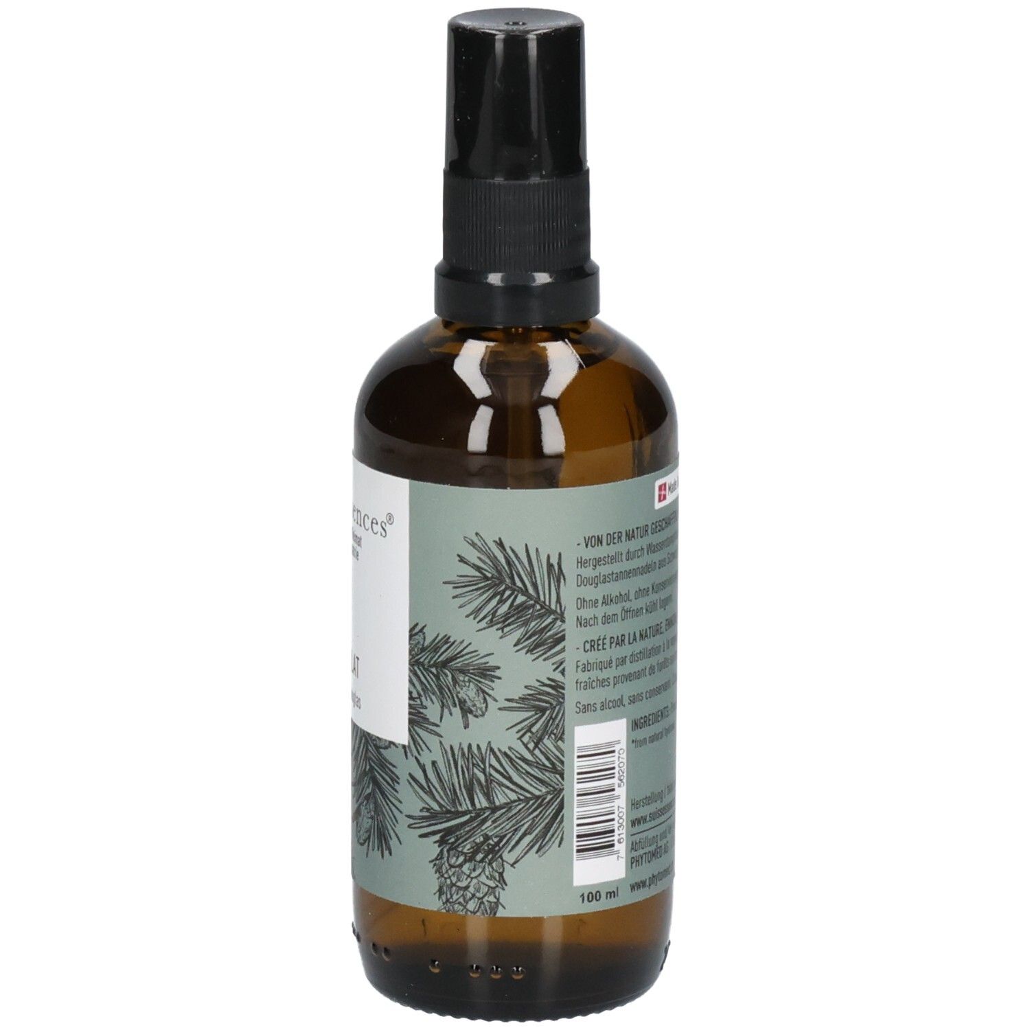 Braune Sprühflasche mit Etikett, das Tannenzweige und Zapfen zeigt. 100 ml.
