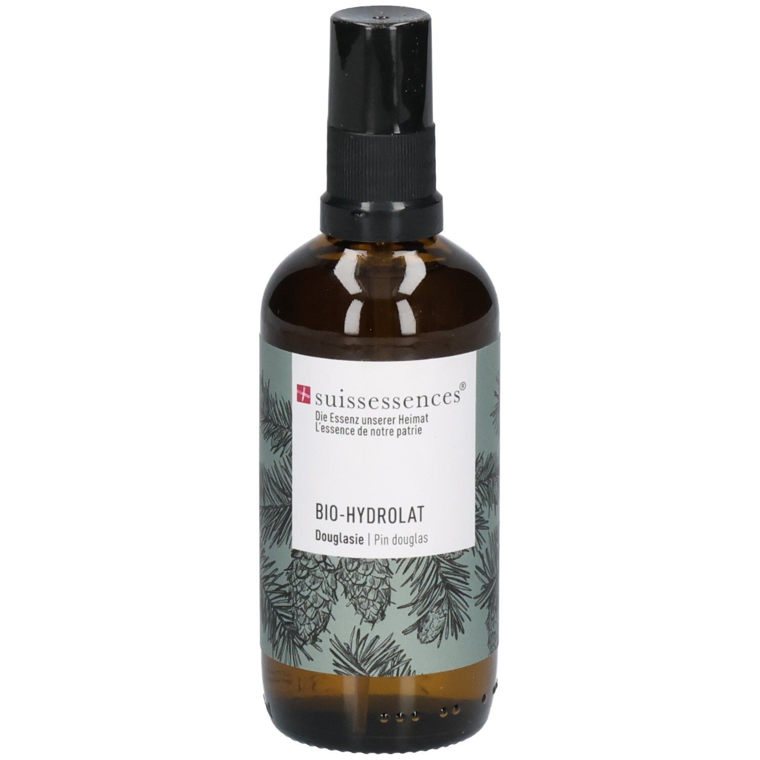 Braune Glasflasche mit schwarzem Pumpspender. Etikett mit "suisessences BIO-HYDROLAT Douglasie" und Tannenzapfen-Design.