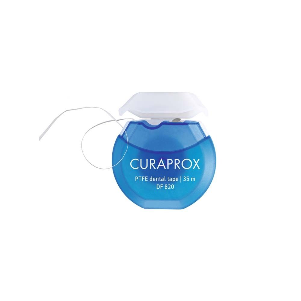 Distributeur de fil dentaire bleu. Inscription: CURAPROX, PTFE dental tape DF 820. Capuchon blanc, fil visible.