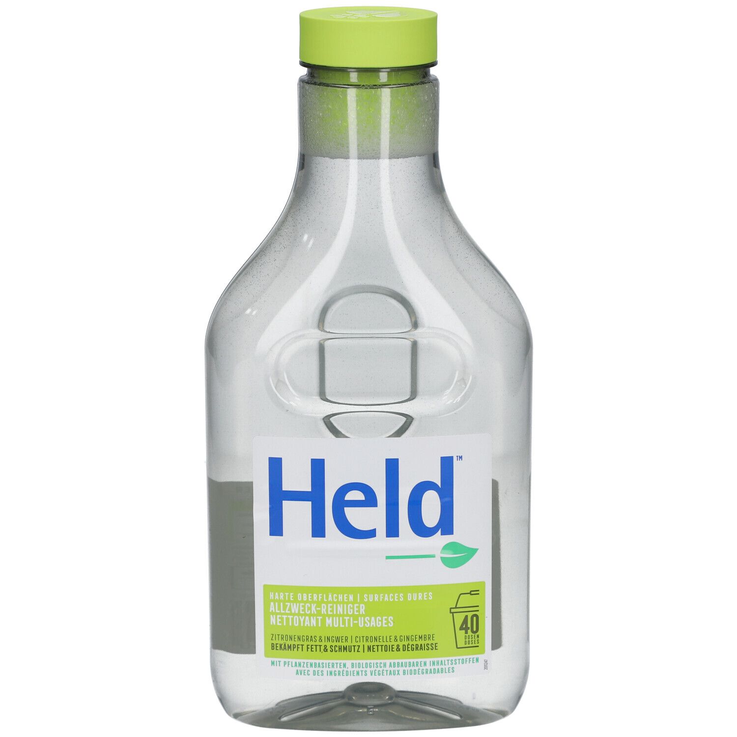 Transparente Flasche mit grünem Deckel. Aufkleber mit "Held" und Blatt-Logo. Text: "Allzweckreiniger".