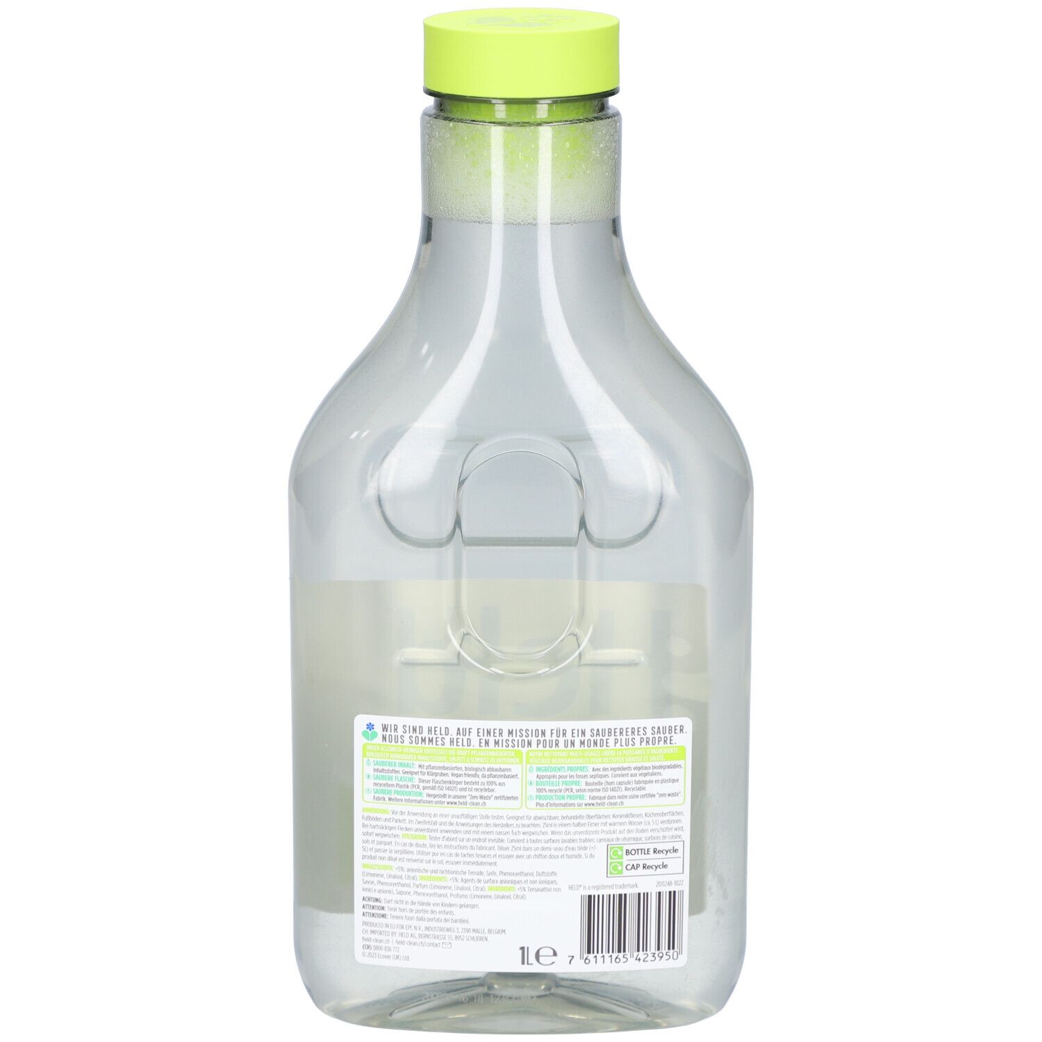 Rückseite der transparenten Flasche mit grünem Deckel. Etikett mit Text und Recycling-Symbol. Volumen: 1l.