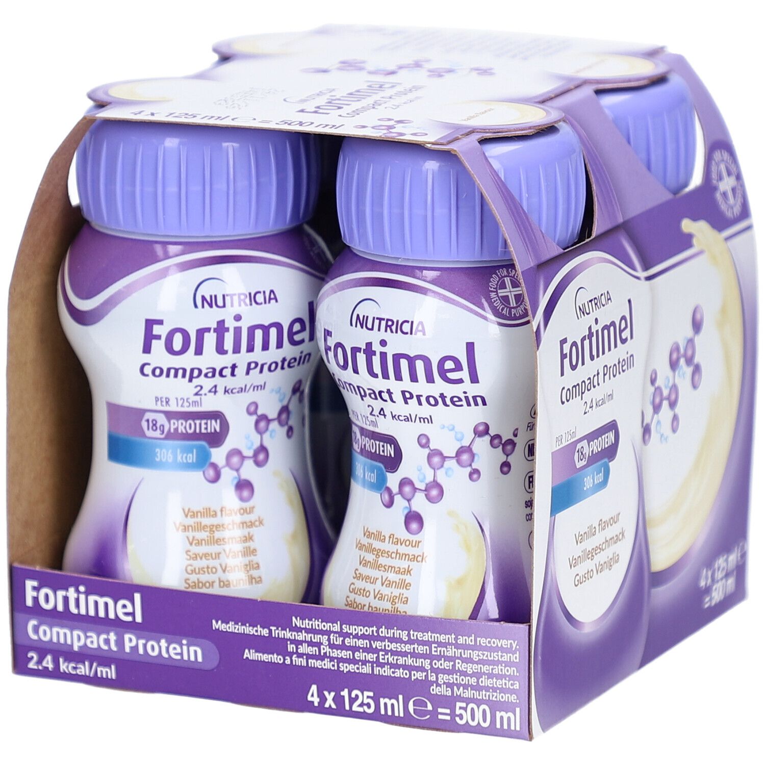 Packung mit vier Flaschen Fortimel Compact Protein Vanille. Flaschen mit lila Deckel, in Kartonverpackung. Aufdrucke: Marke, Geschmack, Nährwerte.