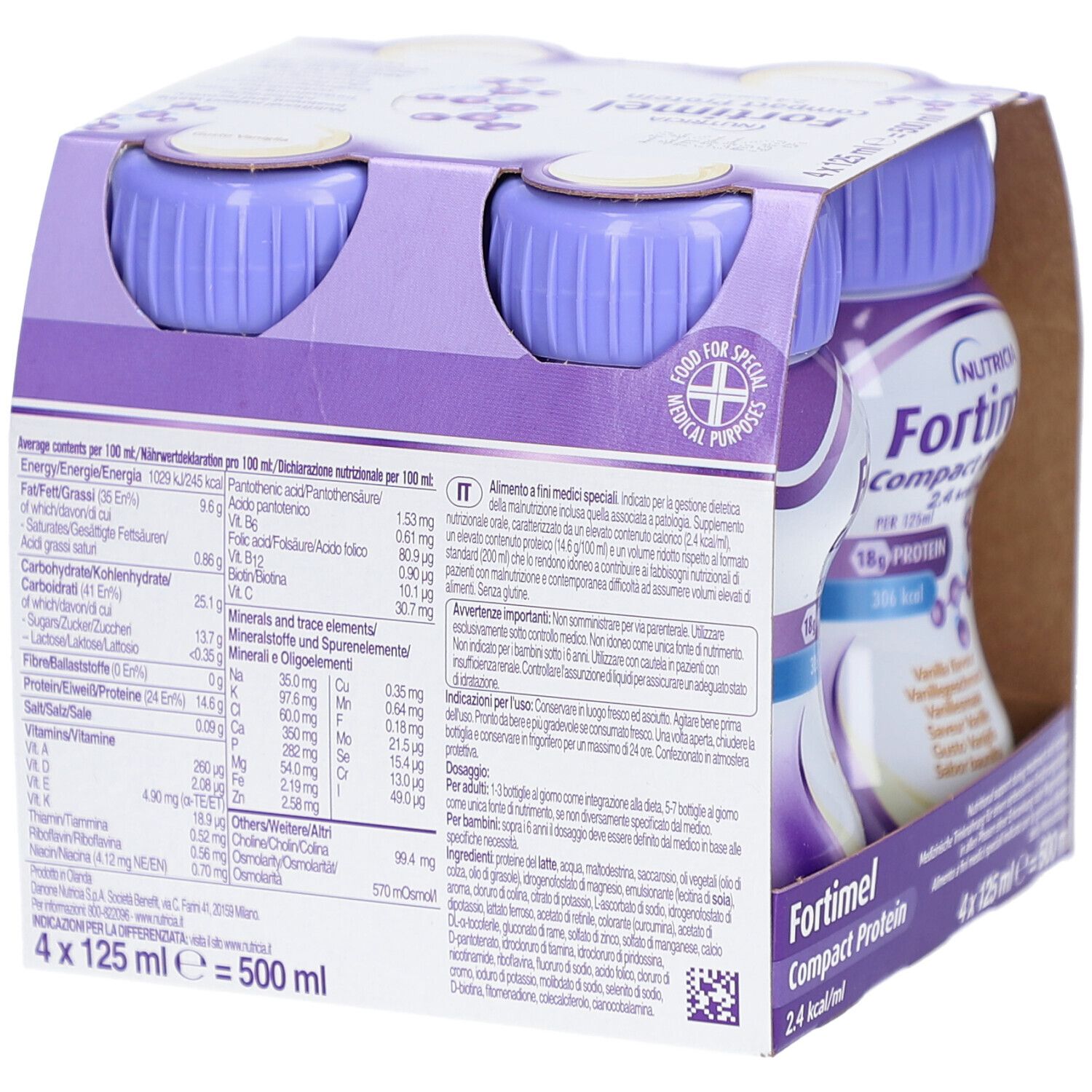 Rückseite der Verpackung mit Nährwertangaben und Inhaltsstoffen. Text in mehreren Sprachen. Marke Fortimel Compact Protein Vanille.