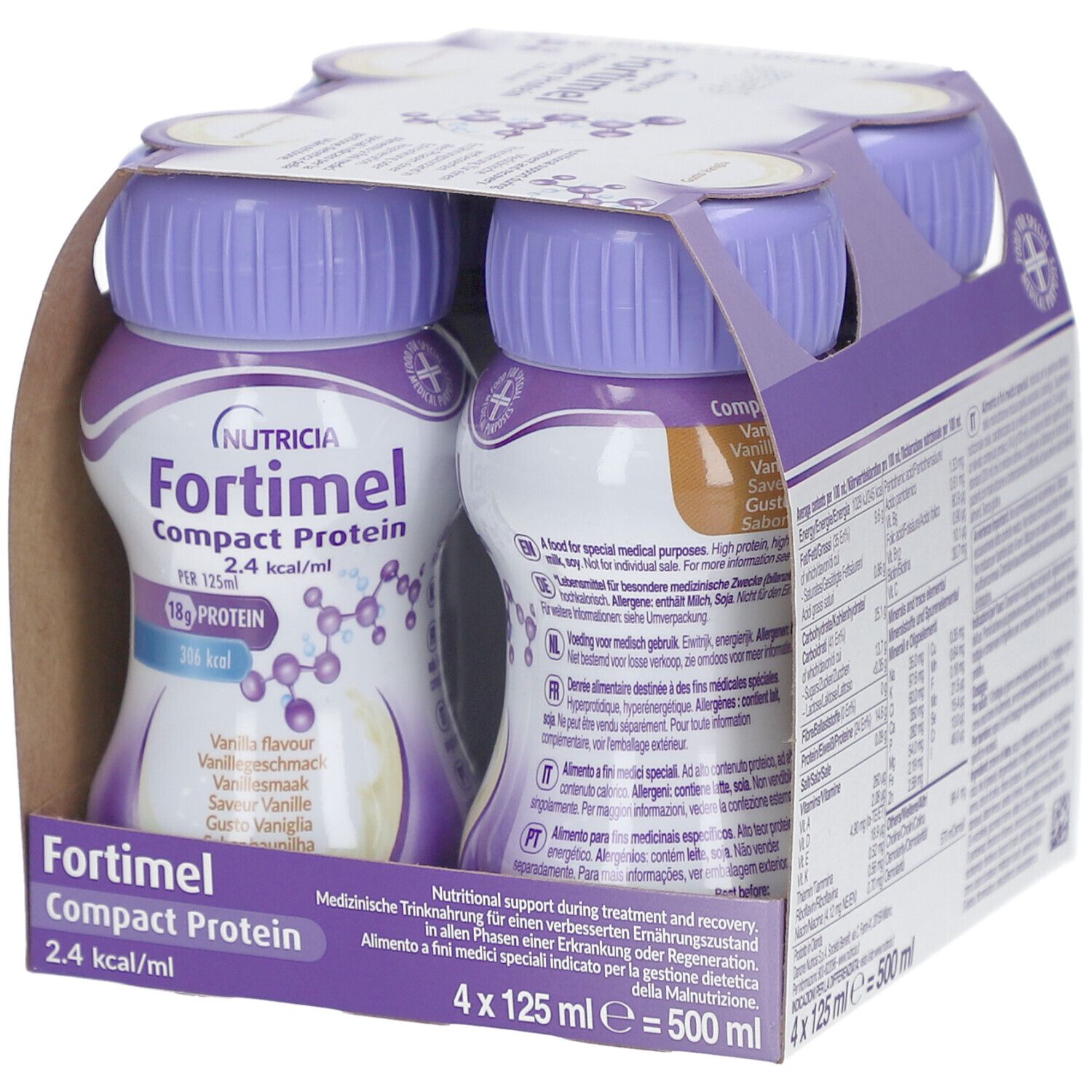 Packung mit vier Flaschen Fortimel Compact Protein Vanille. Flaschen mit lila Deckel, in Kartonverpackung. Aufdrucke: Marke, Geschmack, Nährwerte.