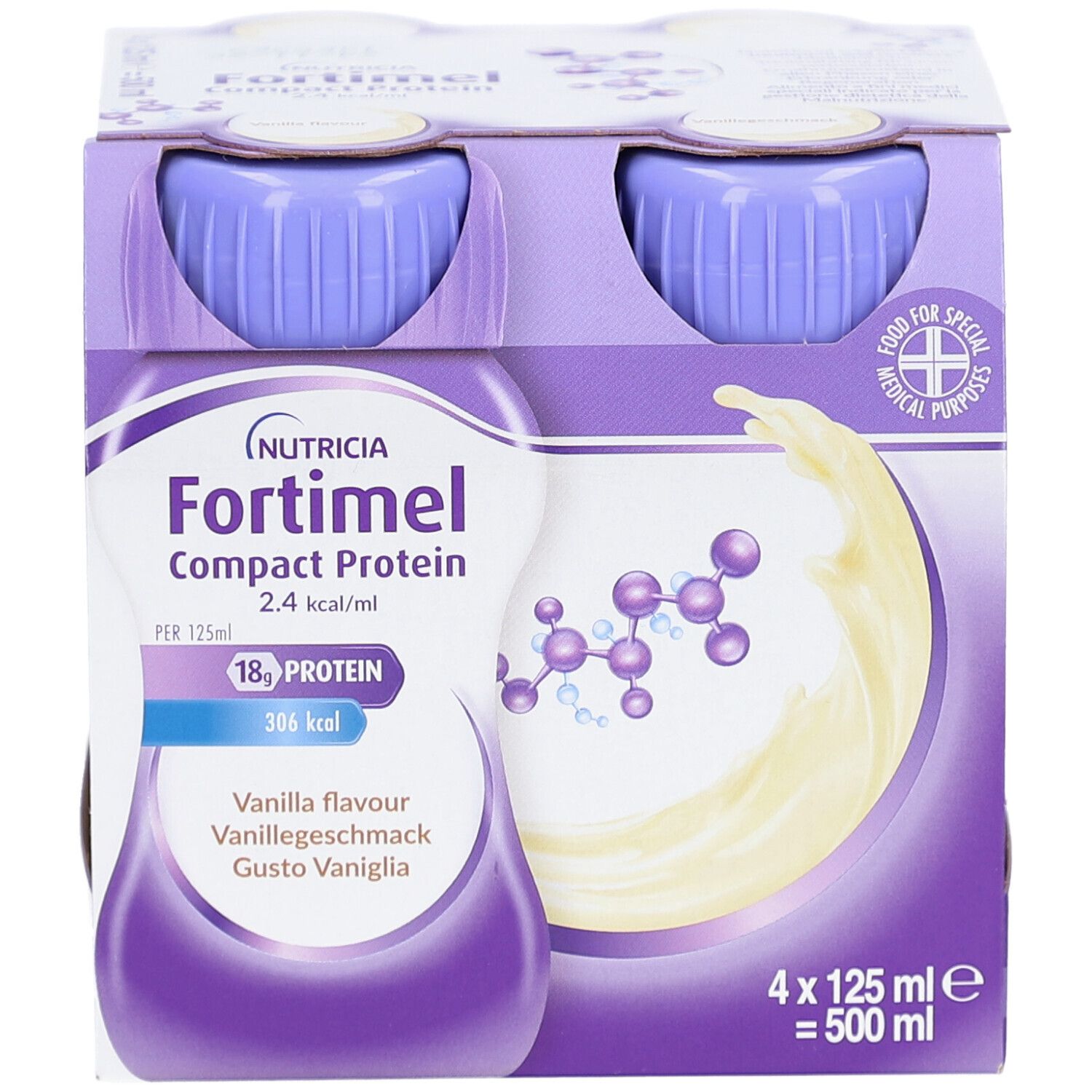 Packung mit vier Flaschen Fortimel Compact Protein Vanille. Flaschen mit lila Deckel, in Kartonverpackung. Aufdrucke: Marke, Geschmack, Nährwerte.