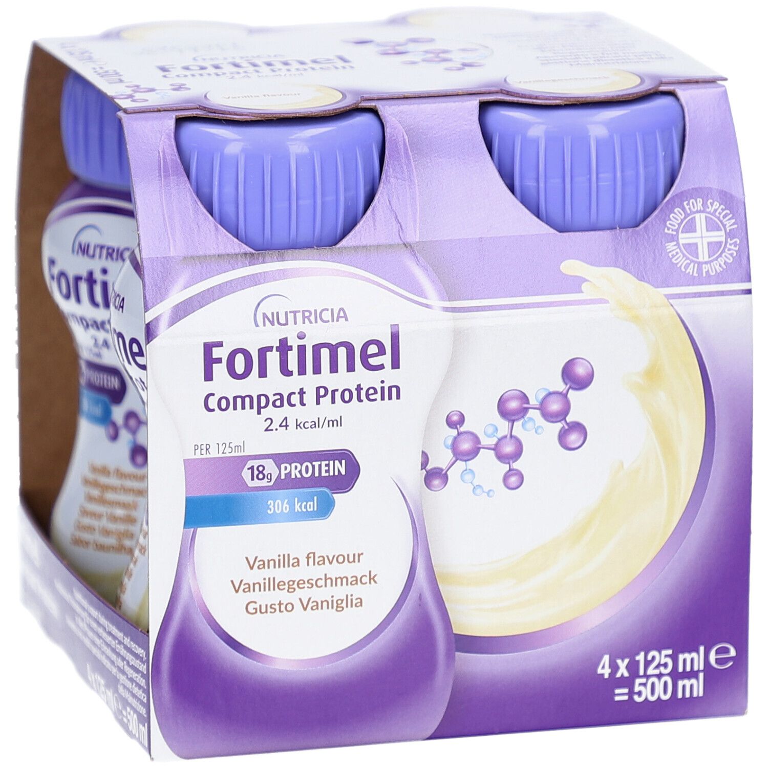Packung mit vier Flaschen Fortimel Compact Protein Vanille. Flaschen mit lila Deckel, in Kartonverpackung. Aufdrucke: Marke, Geschmack, Nährwerte.