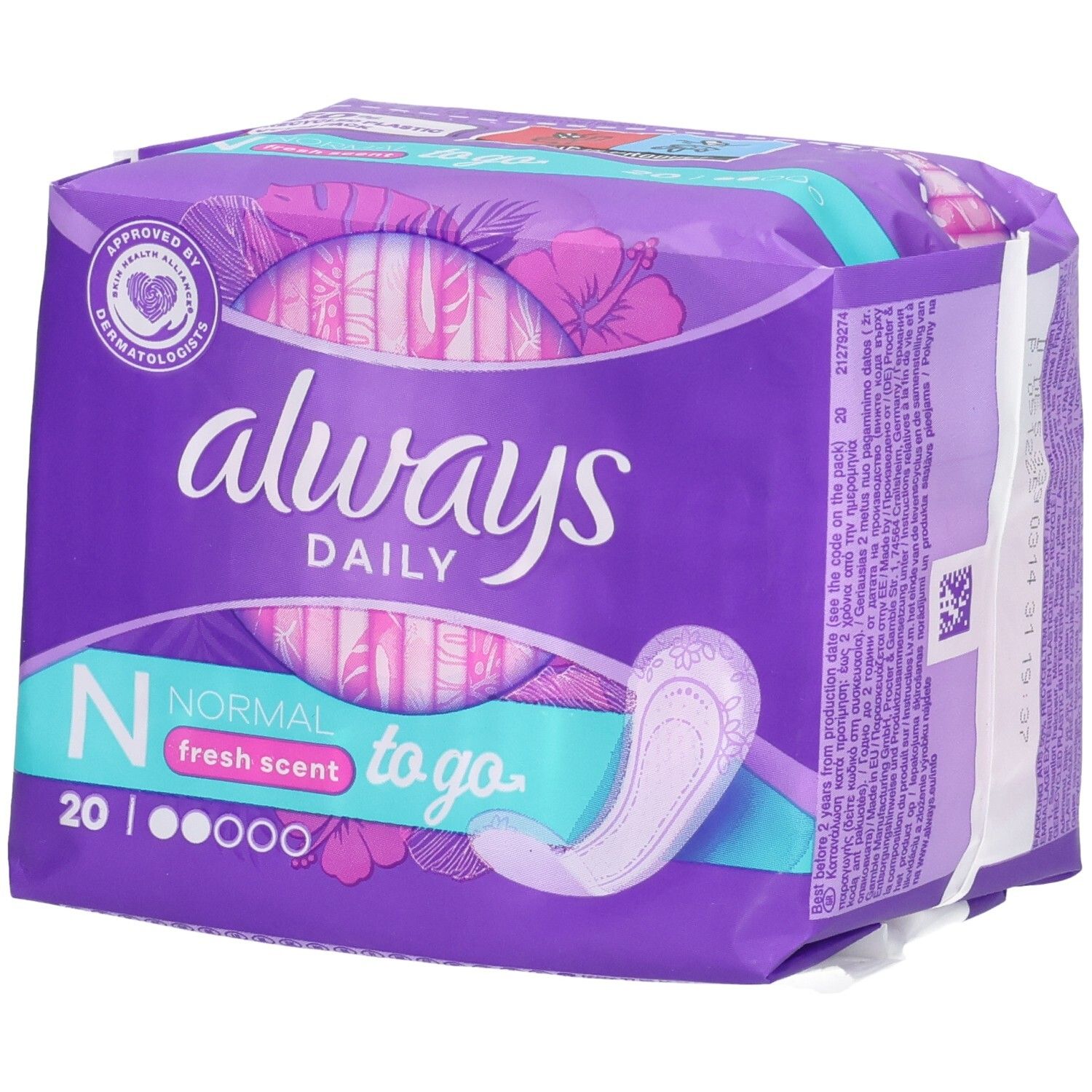 Always Daily Slipeinlagen Normal To Go, 20 Stück, mit Frischeduft. Lila Verpackung mit Blumenmuster.