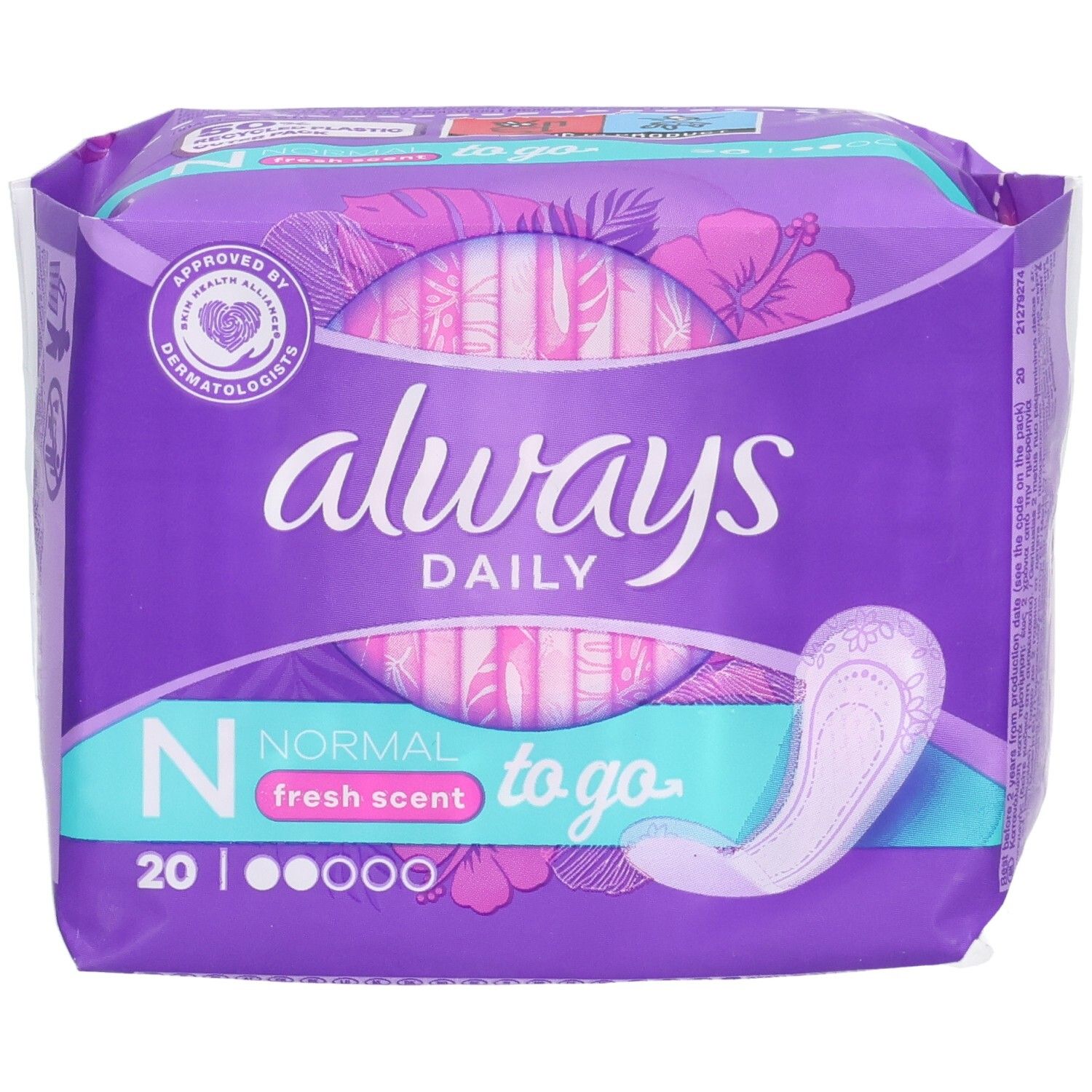 Verpackung von Slipeinlagen. Lila-weißes Design mit Produktnamen und Logo. Enthält 20 Stück. Mit Frischeduft. Dermatologisch getestet.