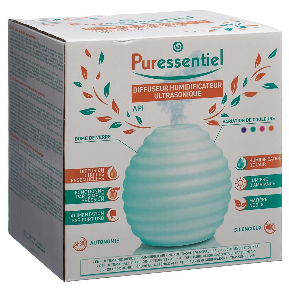 Puressentiel Ultraschall Diffusor API: Bienenwabenförmiger Diffusor mit Glasdom, USB-betrieben, mit Umgebungslicht und 6h Laufzeit.