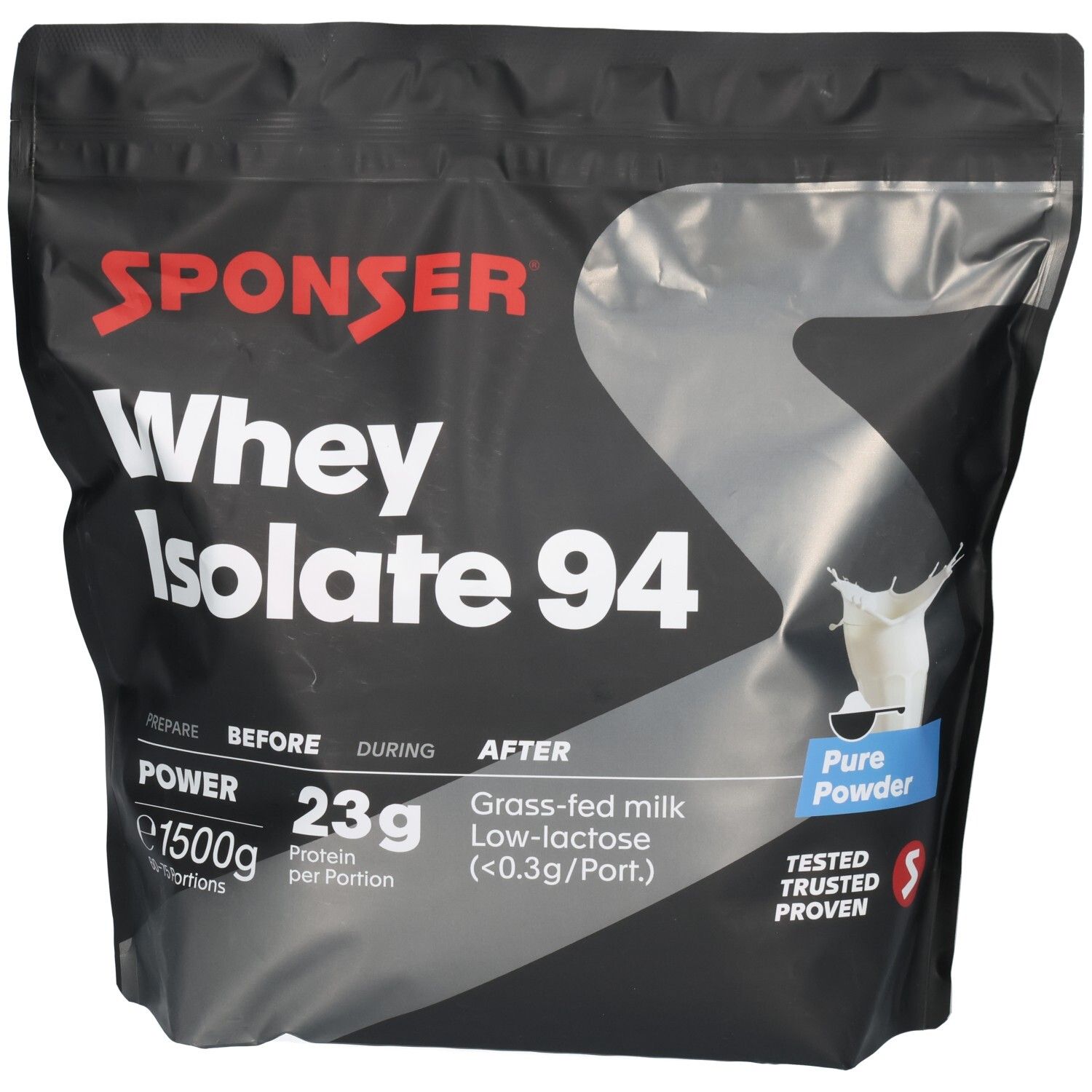 Sachet noir SPONSER Whey Isolate 94. Écriture rouge. 1500g, 23g protéines par portion. Testé, fiable, prouvé.