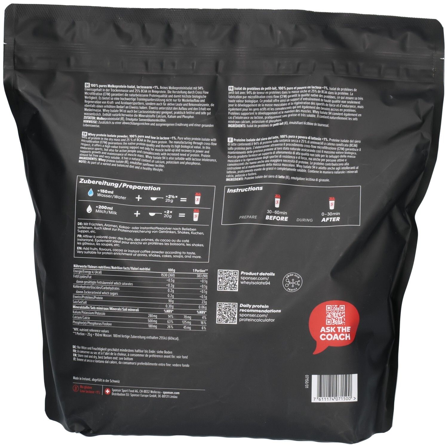 Dos du sachet noir. Texte multilingue. Instructions de préparation, informations nutritionnelles, code QR pour coach.