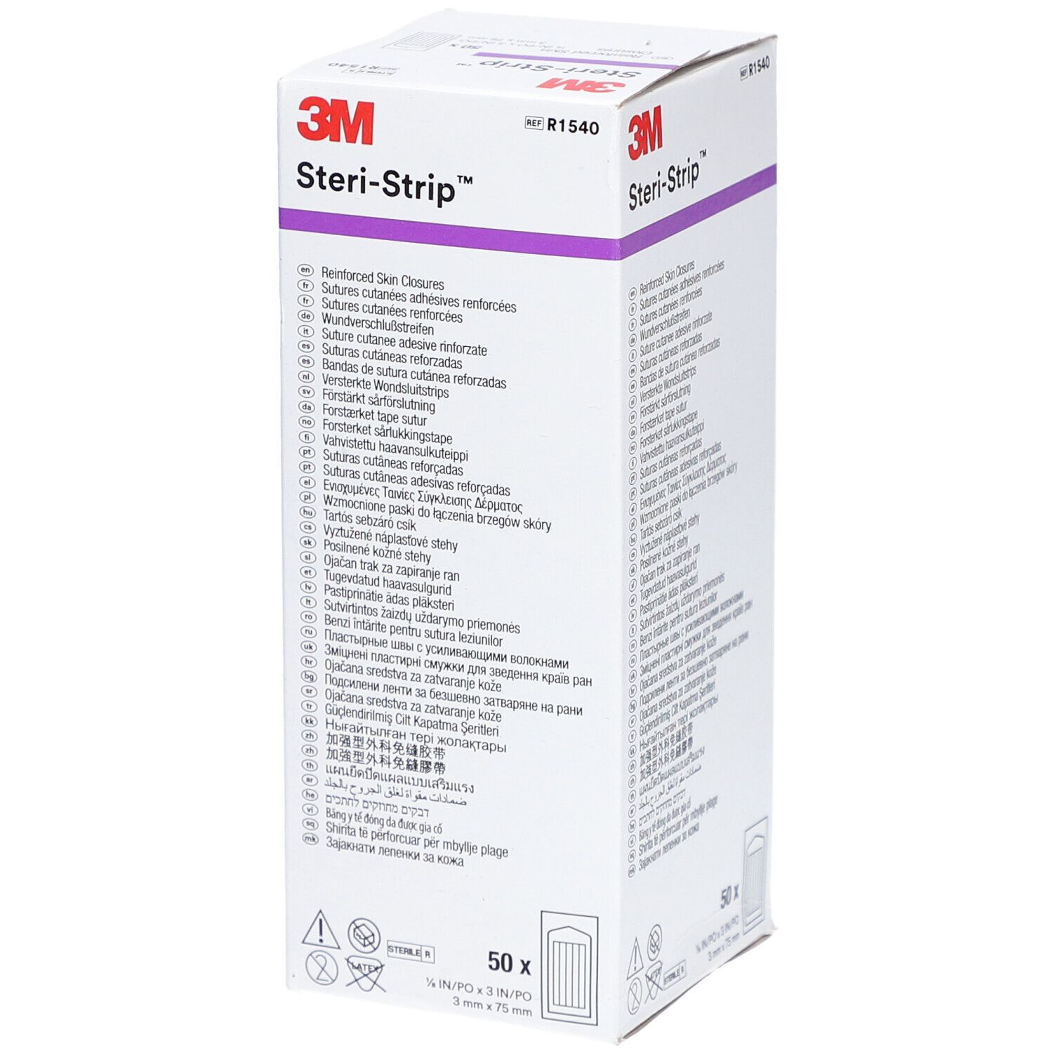 Boîte de 3M Steri-Strip. Inscription : 50 pièces. Nom et logo du produit en haut. Informations multilingues sur l'emballage.