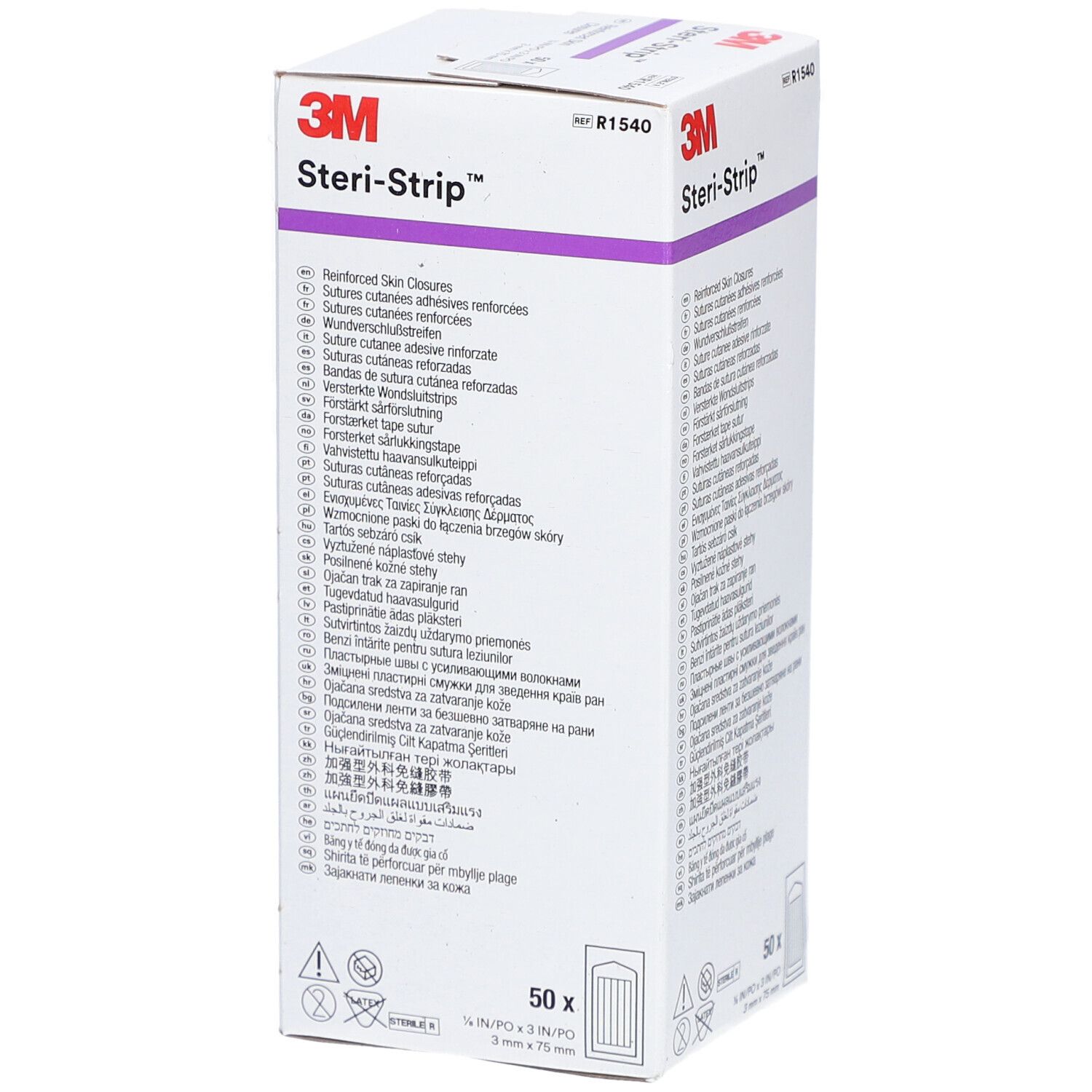 Boîte de 3M Steri-Strip. Inscription : 50 pièces. Nom et logo du produit en haut. Informations multilingues sur l'emballage.