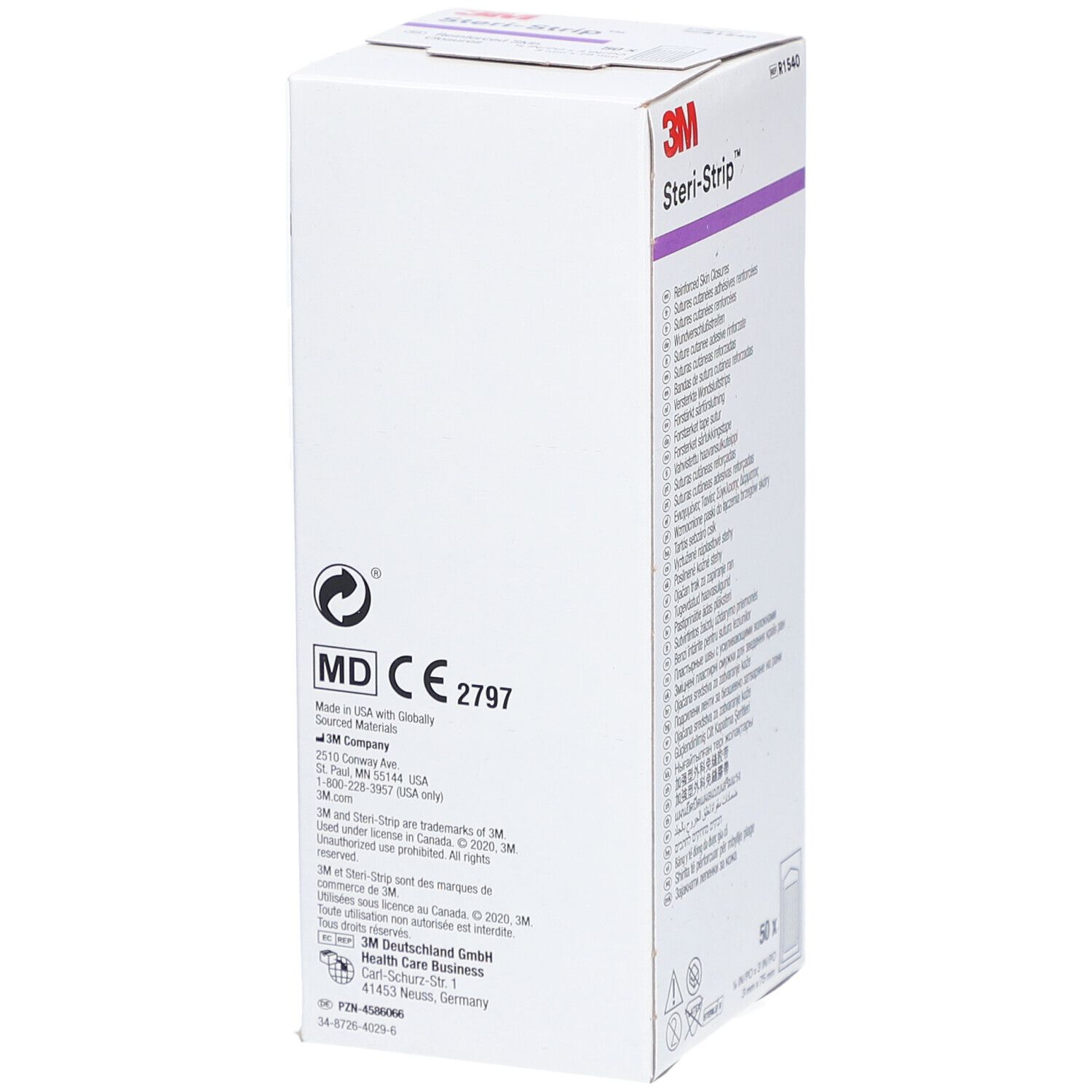 Dos de la boîte 3M Steri-Strip. Marquage CE. Informations fabricant. Inscription : 50 pièces. Nom et logo du produit en haut.