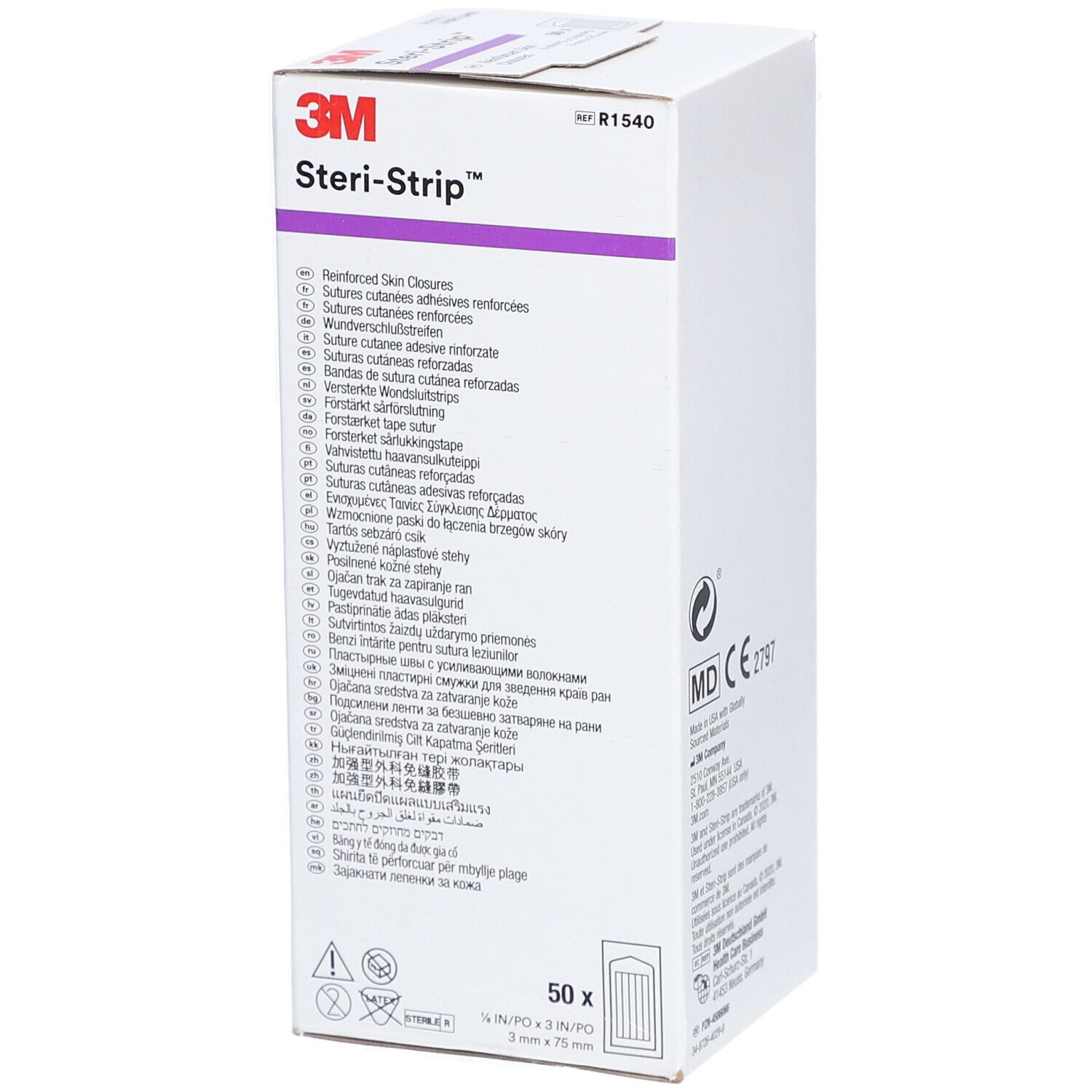 Boîte de 3M Steri-Strip. Inscription : 50 pièces. Nom et logo du produit en haut. Informations multilingues sur l'emballage.