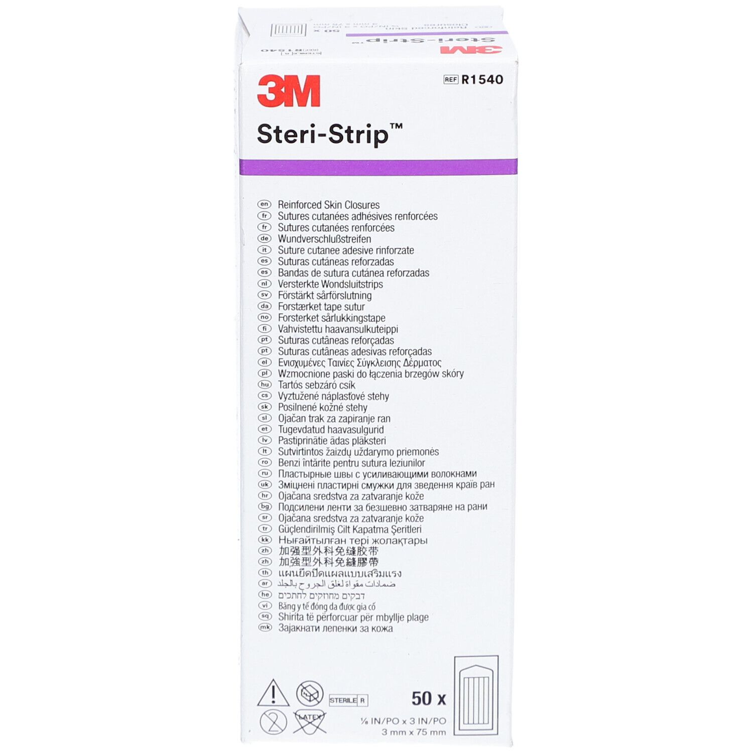 Boîte de 3M Steri-Strip. Inscription : 50 pièces. Nom et logo du produit en haut. Informations multilingues sur l'emballage.