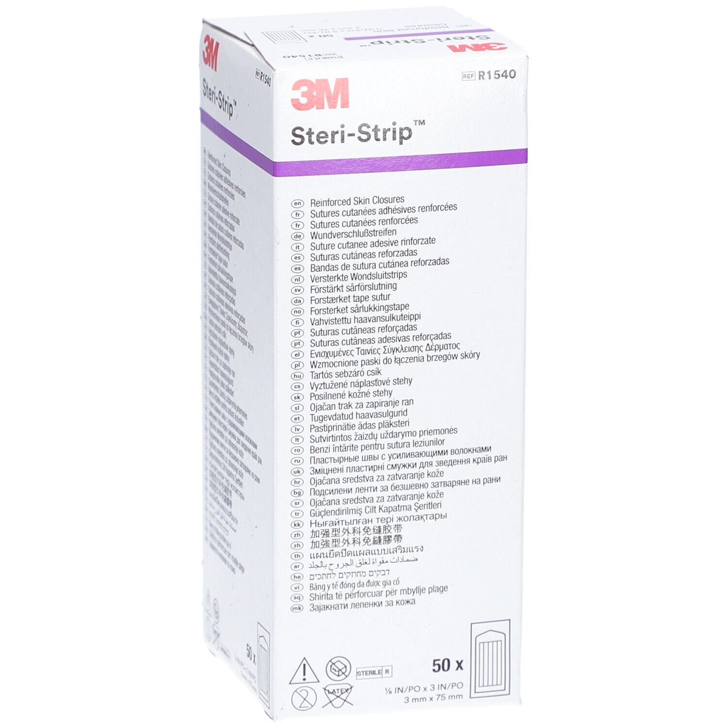 Boîte de 3M Steri-Strip. Inscription : 50 pièces. Nom et logo du produit en haut. Informations multilingues sur l'emballage.