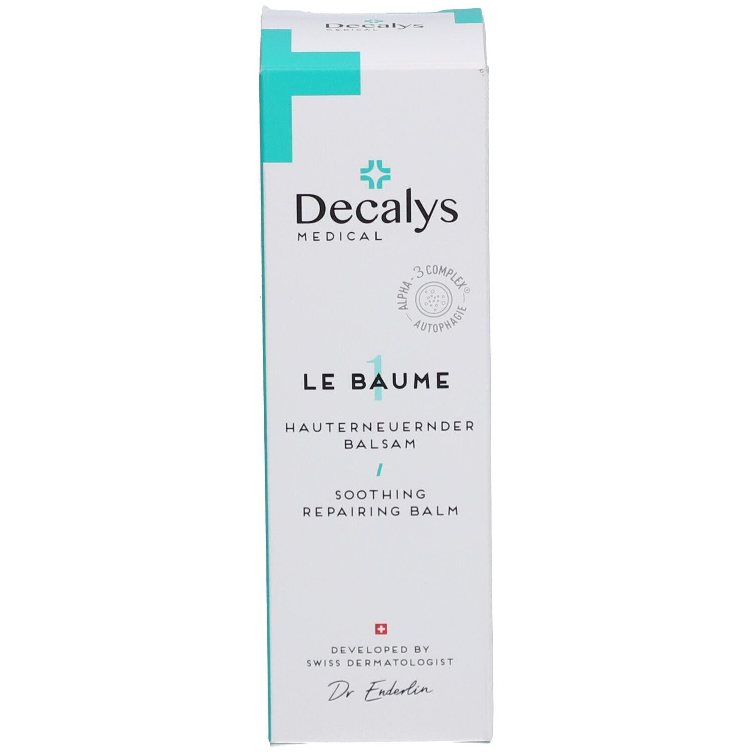 Boîte avec logo « Decalys Medical » et texte « Le Baume ». Contient un baume régénérant pour la peau. Produit suisse.