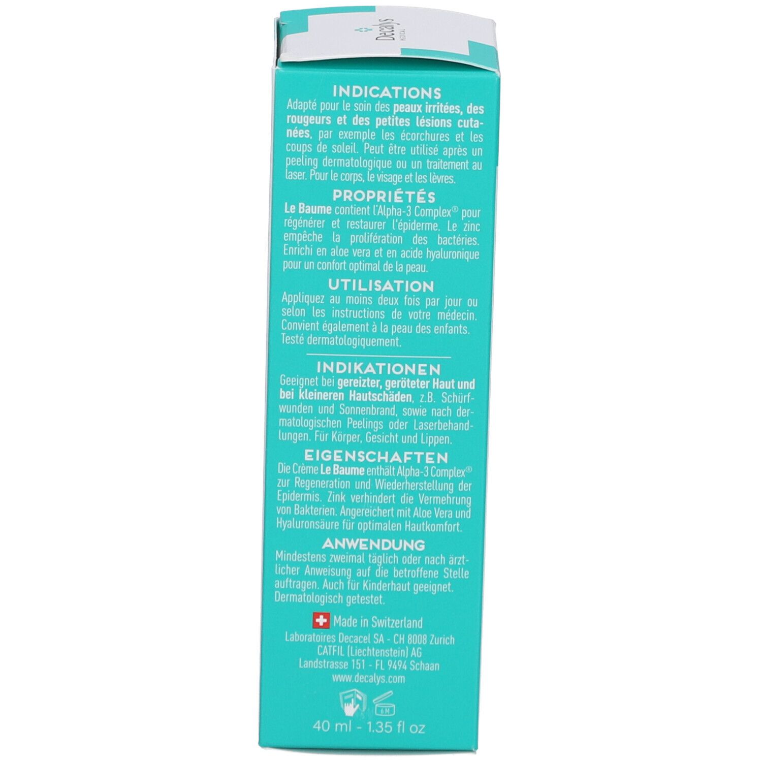 Dos de l'emballage avec ingrédients et instructions d'utilisation. Contient du texte en plusieurs langues. Fabriqué en Suisse.