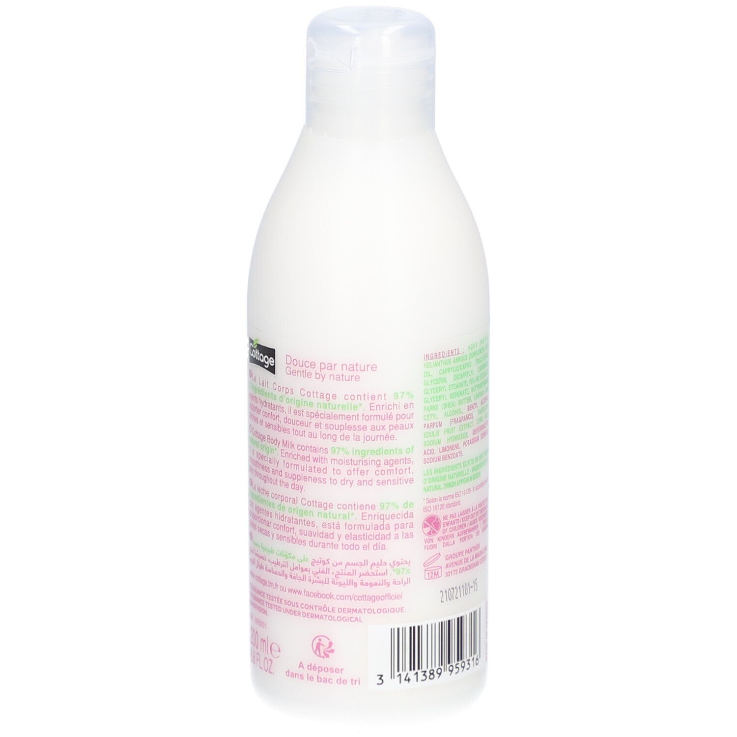 Flacon blanc avec texte et ingrédients. "Lait Corps Body Moisturizer". Contient 97% d'ingrédients d'origine naturelle.