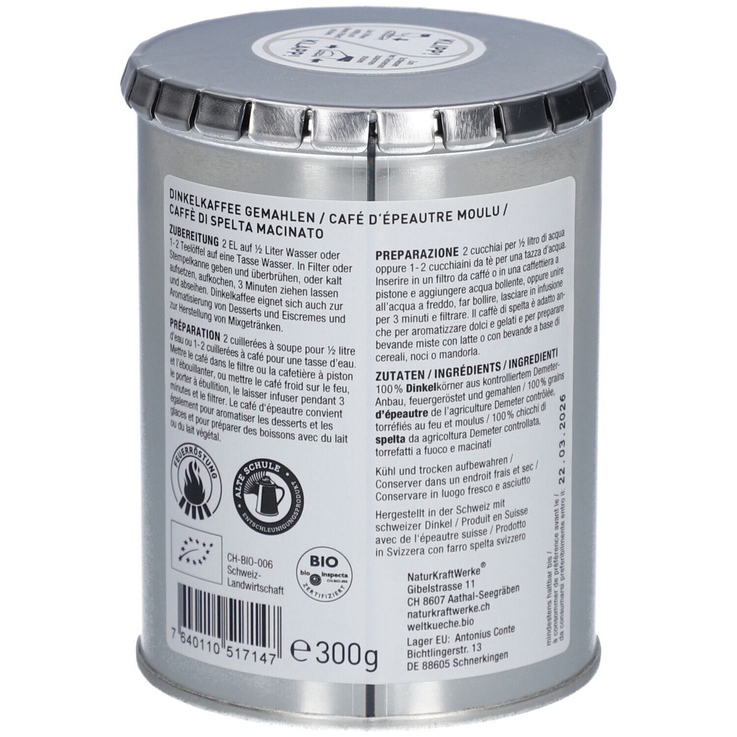 Metallbehälter mit Deckel. Aufschrift: Dinkelkaffee, Café d'épeautre, Caffè di Spelta. Enthält Informationen zu Zubereitung und Inhaltsstoffen.