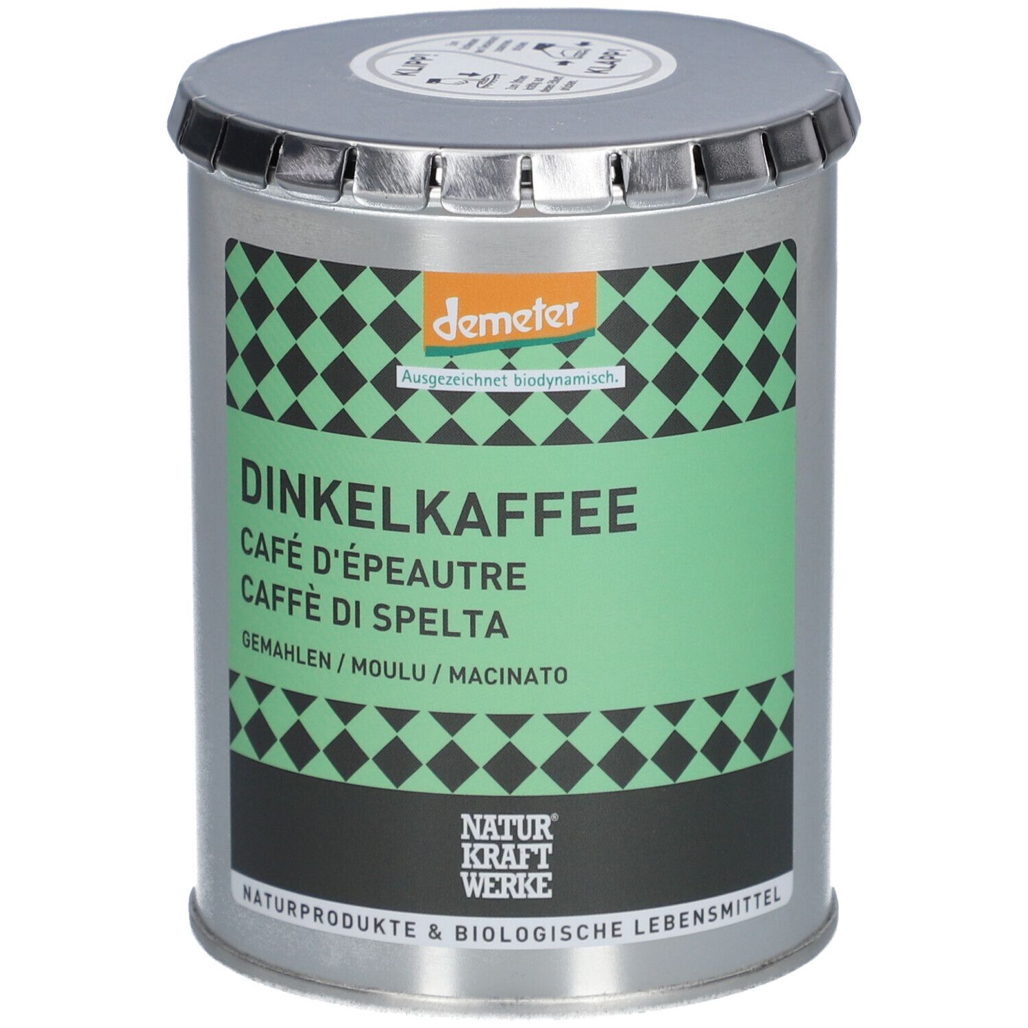Zylindrischer Metallbehälter mit grünem Etikett. Aufschrift: Dinkelkaffee, Café d'épeautre, Caffè di Spelta. Demeter-Siegel.
