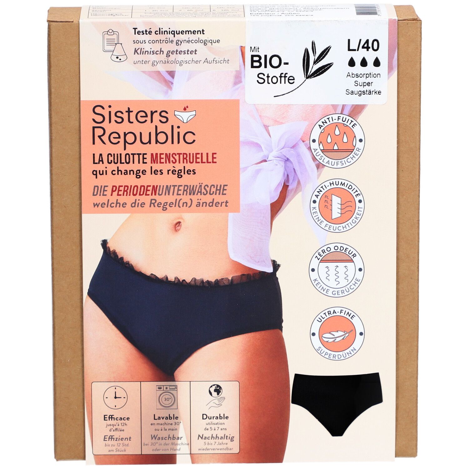 SISTERS REPUBLIC Culotte menstruelle Colette Taille L Noir Super Absorption